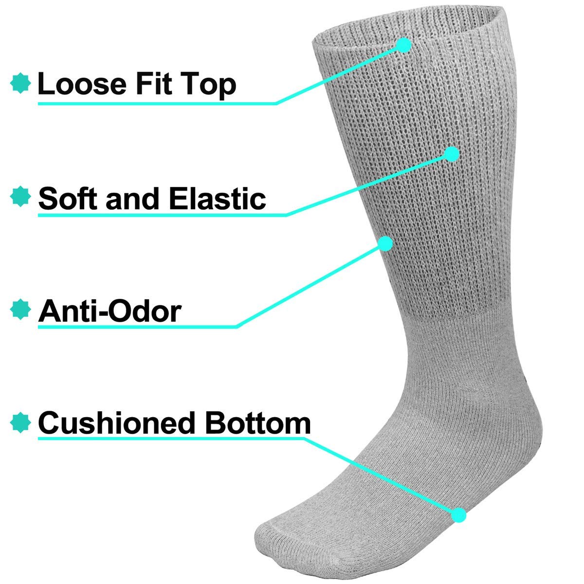 Falari Physicians Approved Diabetic Socks Crew Unisex 3, 6 or 12-Pack (13-15, 3 Pairs Grey)