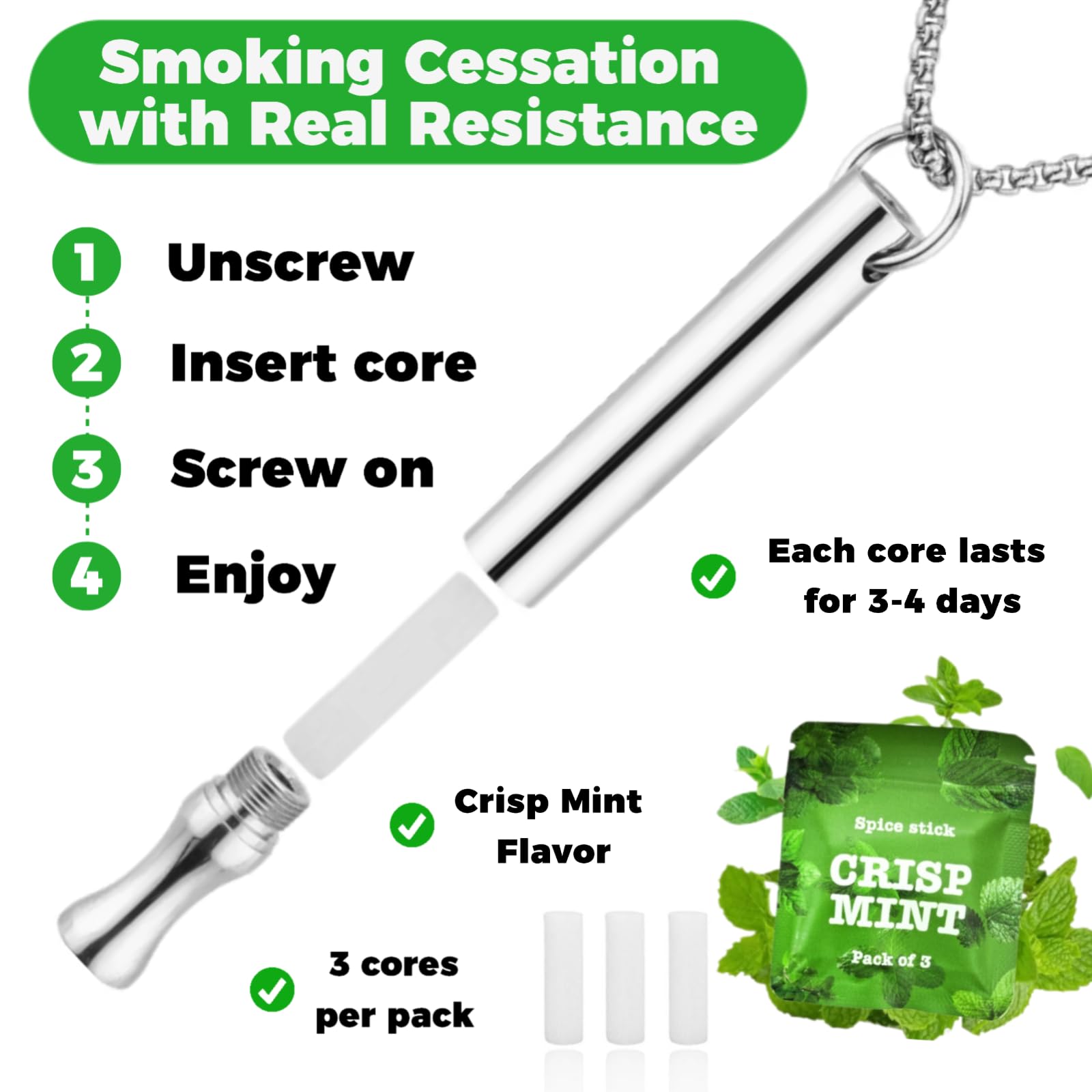 AD ADASTONE Breathing Necklace to Quit Smoking and Vaping with Refillable Mint Pods Stop Smoking Aids Fidget Necklace Smokeless