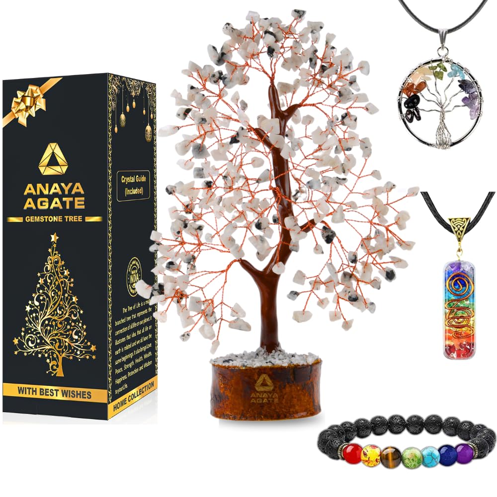 Crystal Trees for Home and Office Decoration, Rainbow Moonstone Chakra Healing Crystals Feng Shui Handmade Trees for Positive En