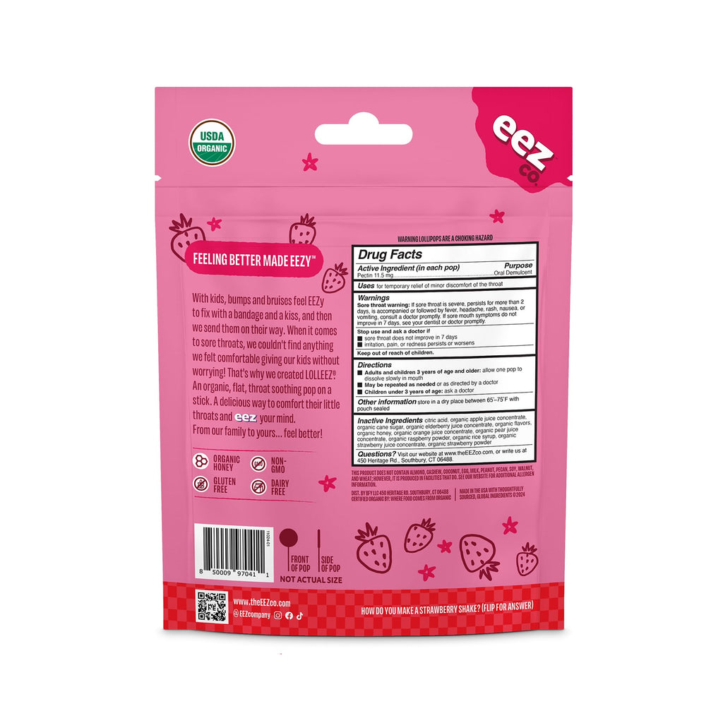 Lolleez Organic Lollipops for Kids Sore Throat Relief, Strawberry Perfect for Soothing A Sore Throat While Tasting Great, Strawb