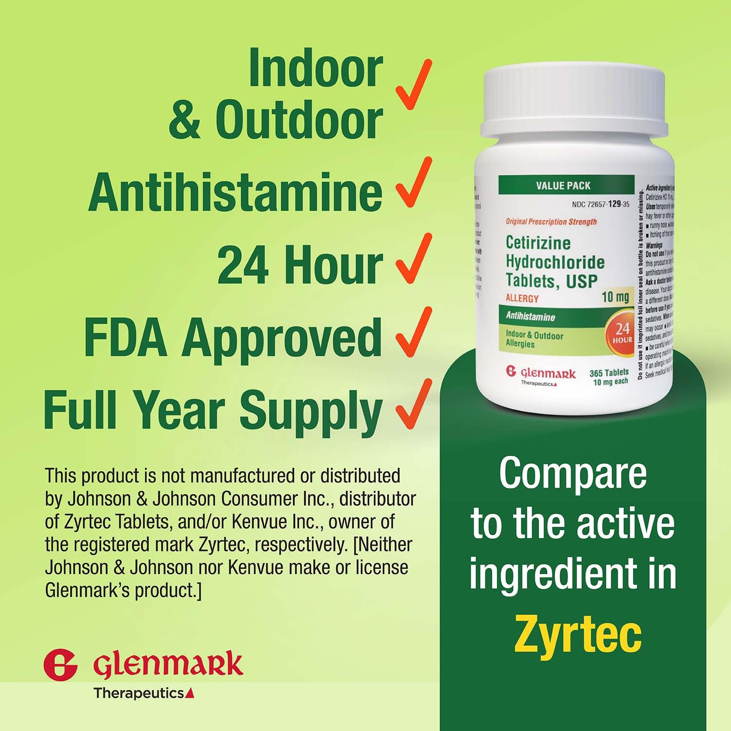 Glenmark Therapeutics 24-Hour Allergy Medicine, Cetirizine HCl USP, Antihistamine for Pollen, Hay Fever, Dry, Itchy Eyes, Allerg