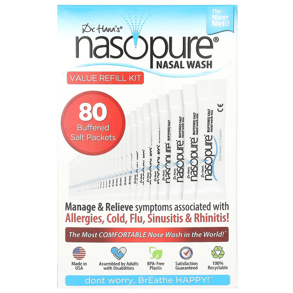 Nasopure Nasal Wash, Value Refill Kit, The Nicer Neti Pot    Sinus Wash Kit, Comfortable Nasal Rinse 80 Salt Packets (3.75 Grams