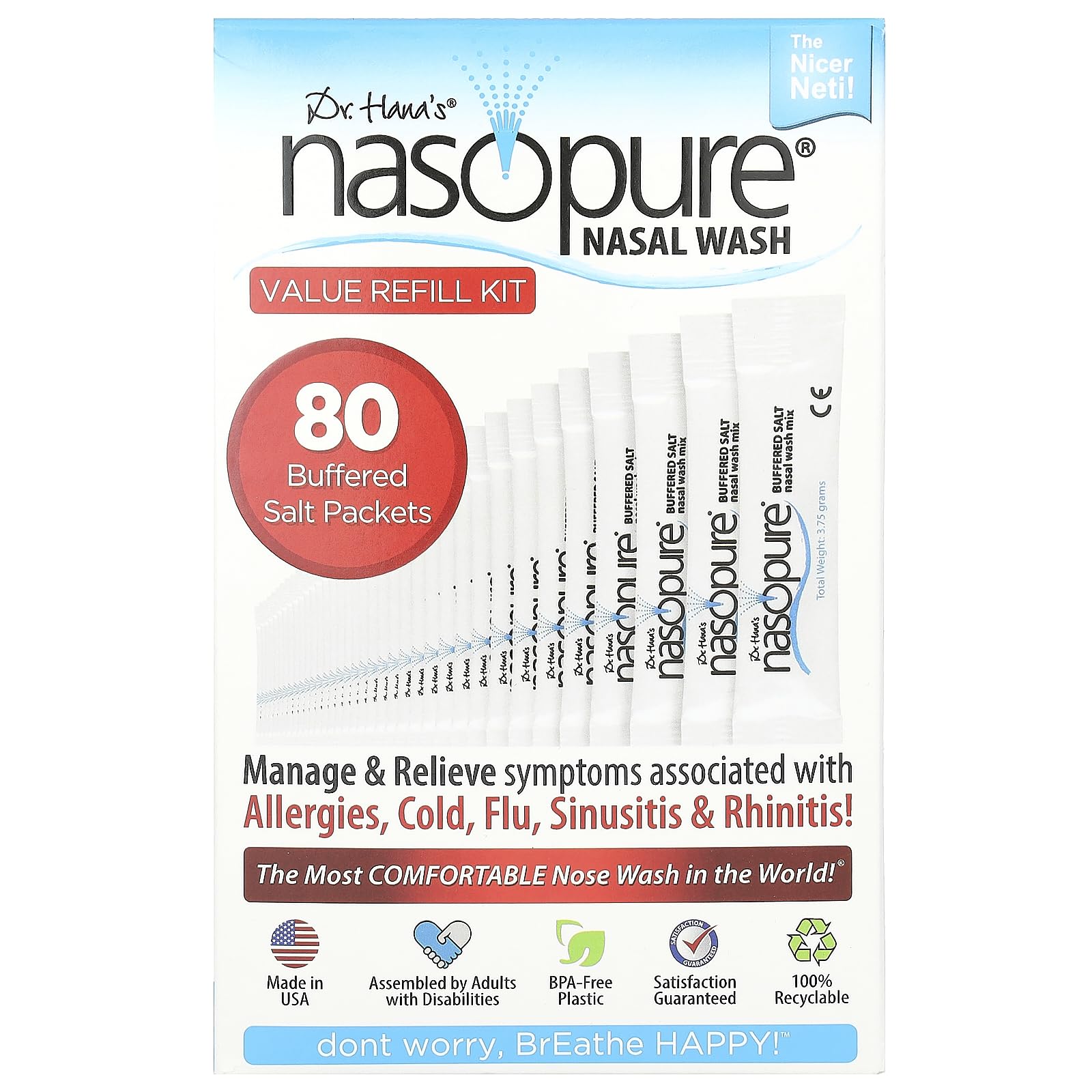 Nasopure Nasal Wash, Value Refill Kit, The Nicer Neti Pot    Sinus Wash Kit, Comfortable Nasal Rinse 80 Salt Packets (3.75 Grams