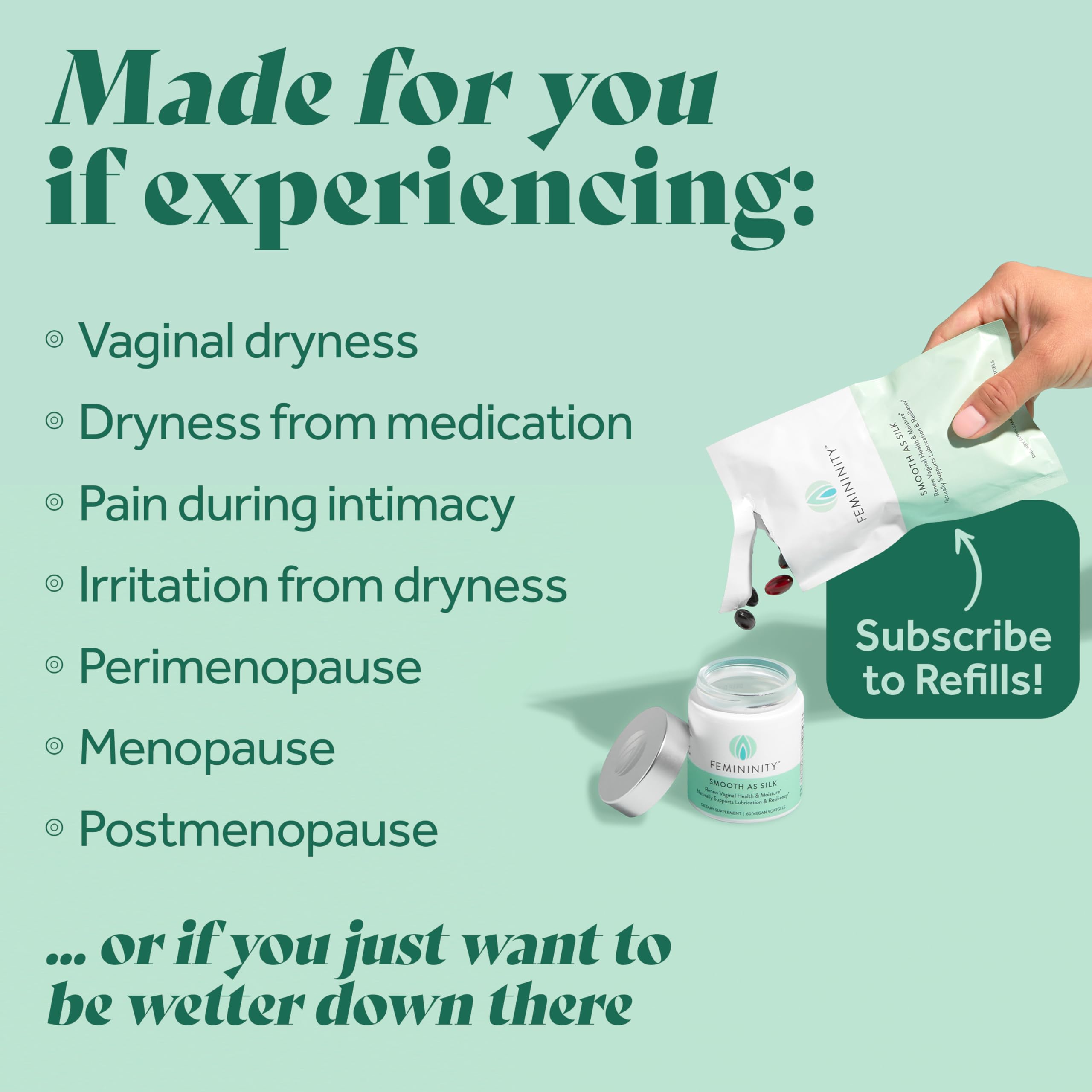 Femininity Smooth as Silk 30-Day Refill for Vaginal Dryness (60 Softgels) - Sea Buckthorn Oil with 365mg Omega 7 + Omega 3 and O