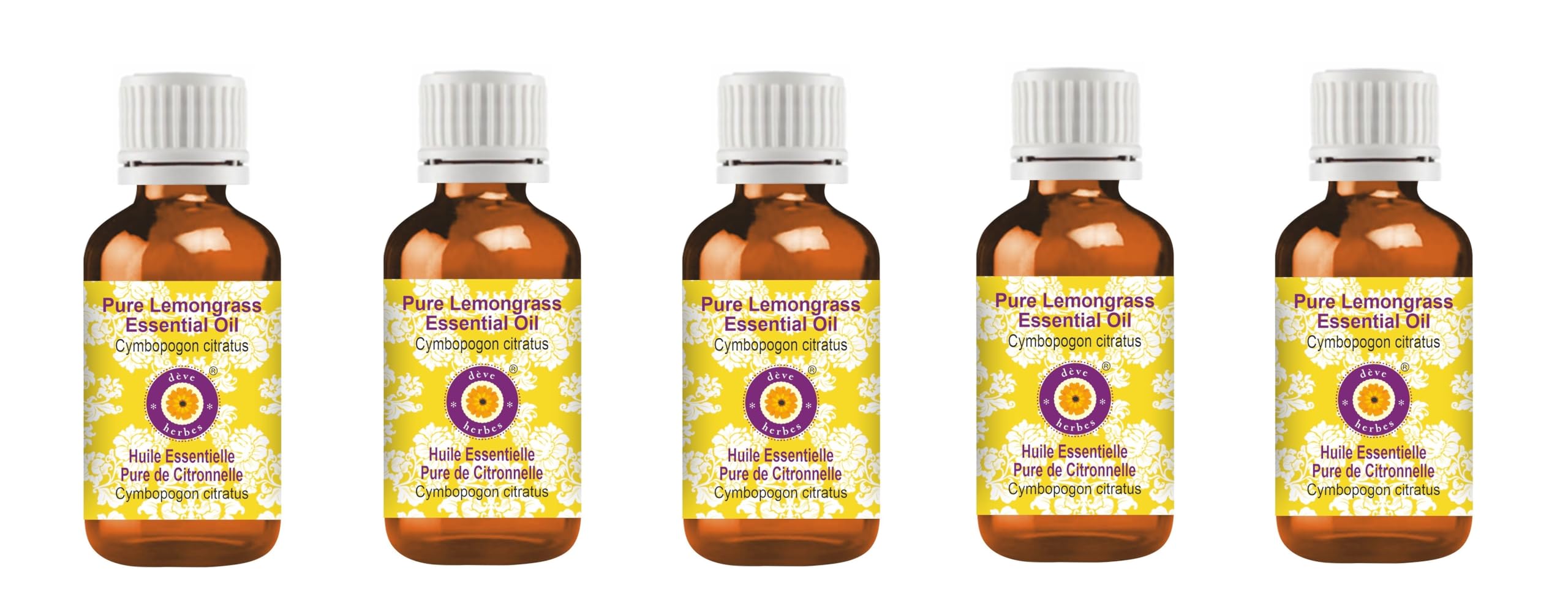 dve herbes Pure Lemongrass Essential Oil (Cymbopogon citratus) Steam Distilled (Pack of Five) 100ml X 5 (16.9 oz)