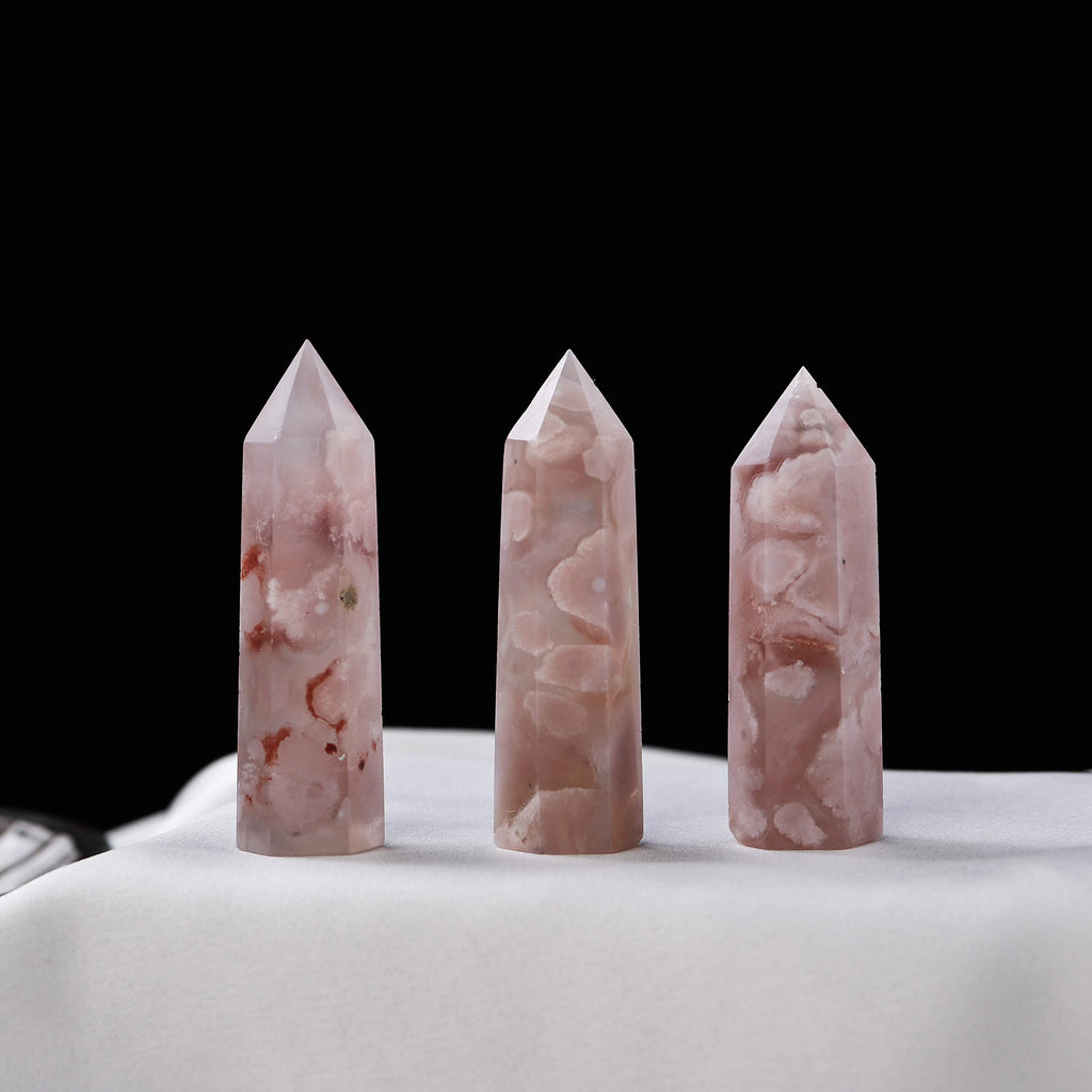 Runyangshi Natural Healing Crystals Cherry Blossom Agate Wands 2-2.4 Cherry Agate Single Point Healing Crystal Tower 6 Faceted R