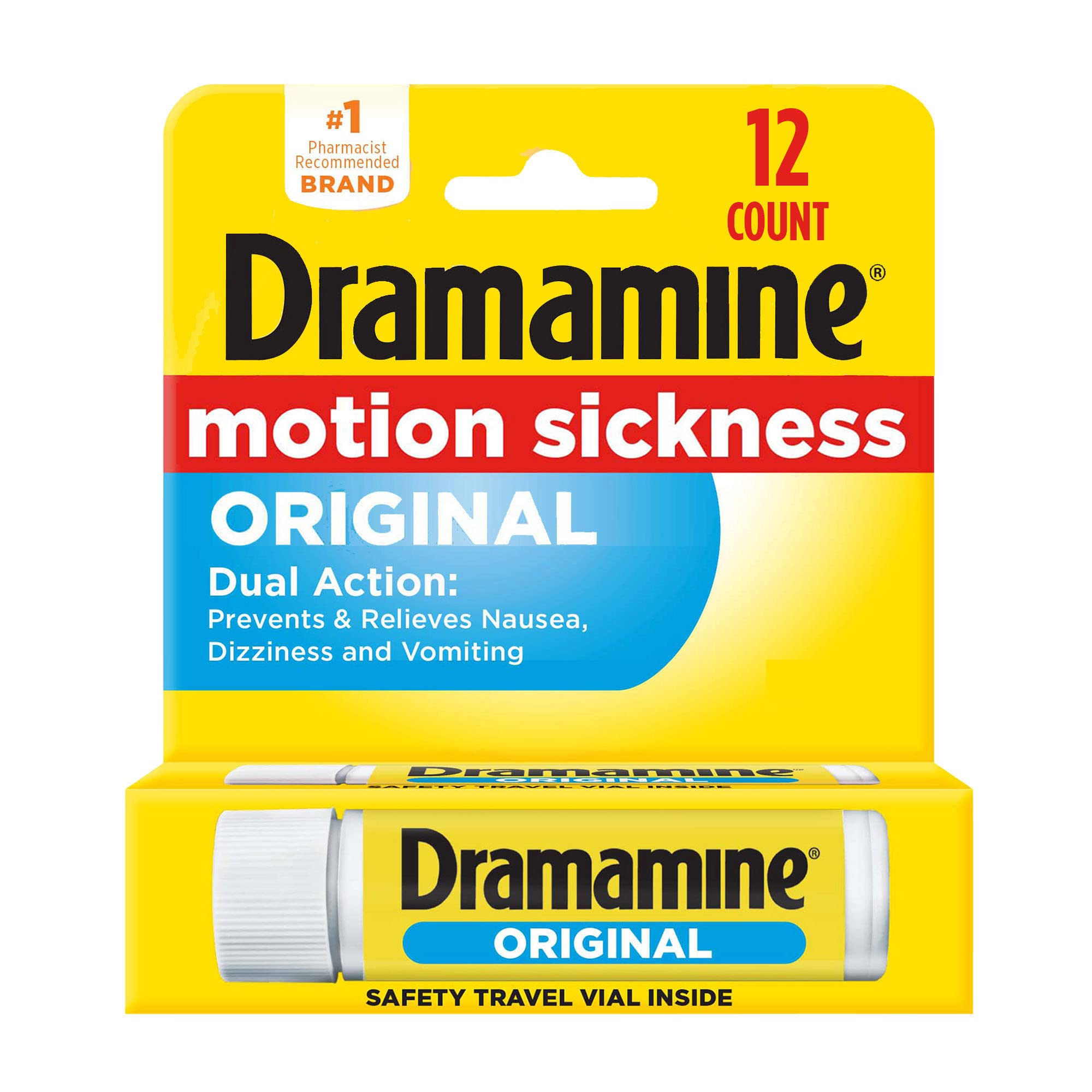 Dramamine Original, Motion Sickness Relief, Travel Vial, 12 Count