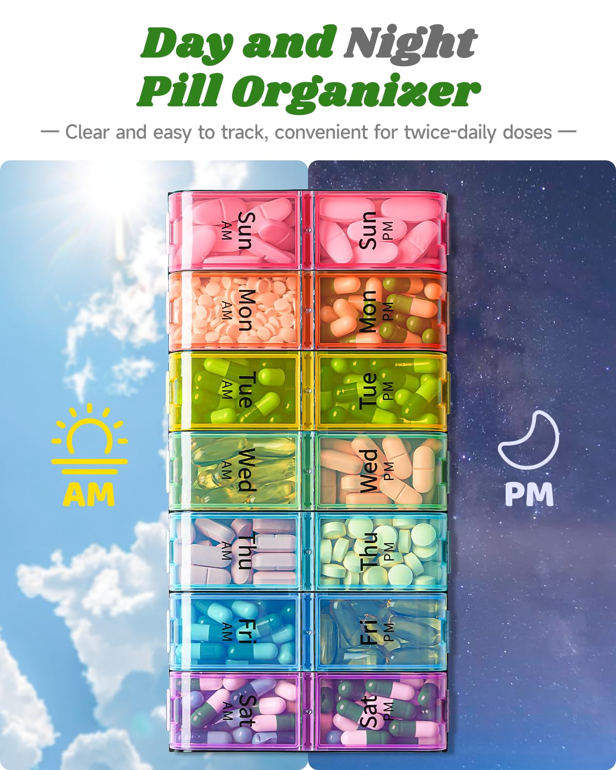 Extra Large Pill Organizer 2 Times a Day, Weekly XL AM PM Pill Case, 7 Day Pill Box Twice a Day, Oversized Daily Medicine Pill O