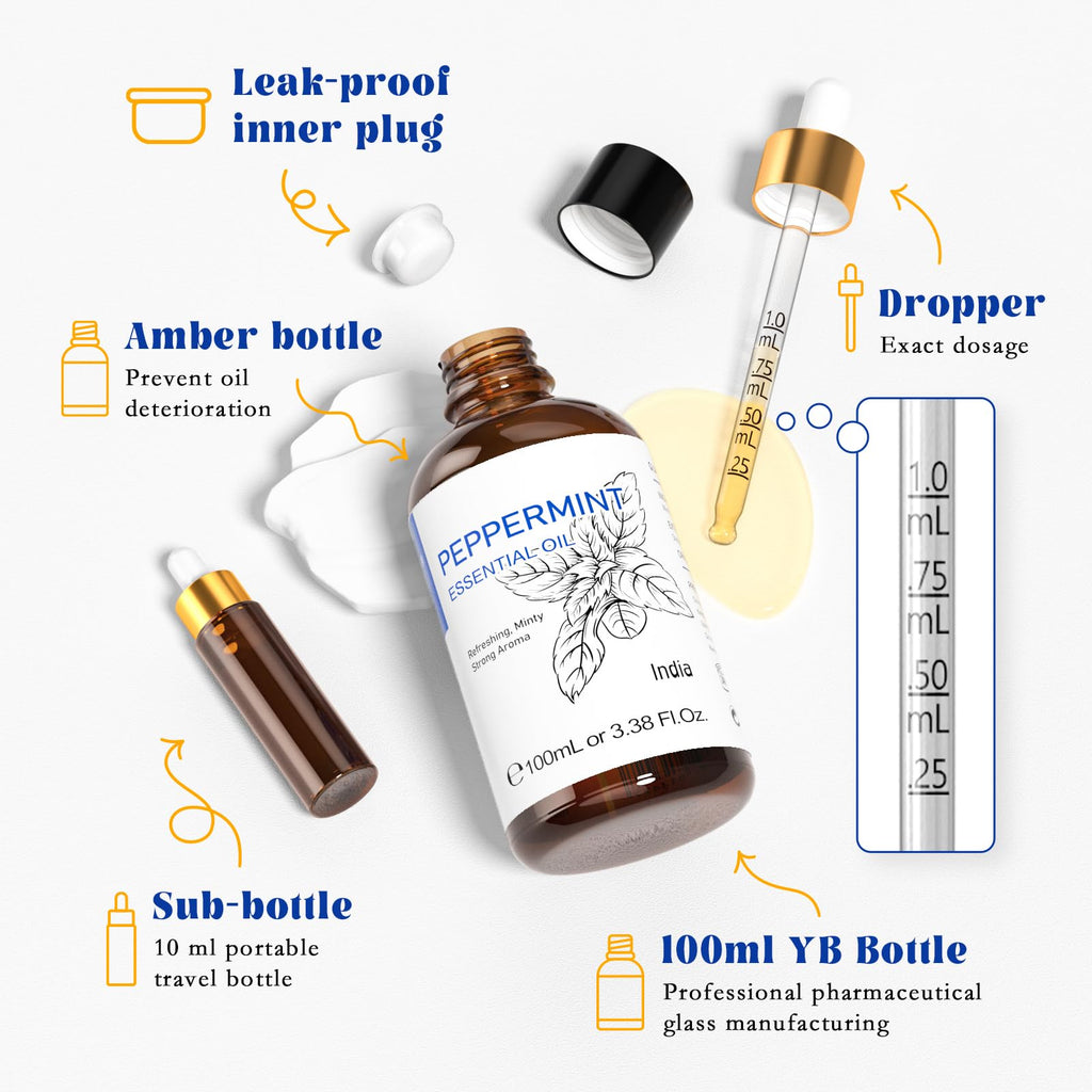 HIQILI 100ML Peppermint Oil, for Homemade Spray, Diffuser, 100% Pure Natural 3.38 Fl Oz