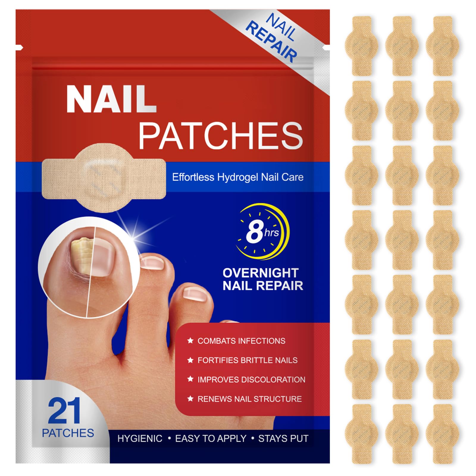 Nail Patches 21 PCS Toenail Treatment Extra Strength 8-Hour Overnight Nail Fast Acting Repair Effortless Hydrogel Nail Care and 