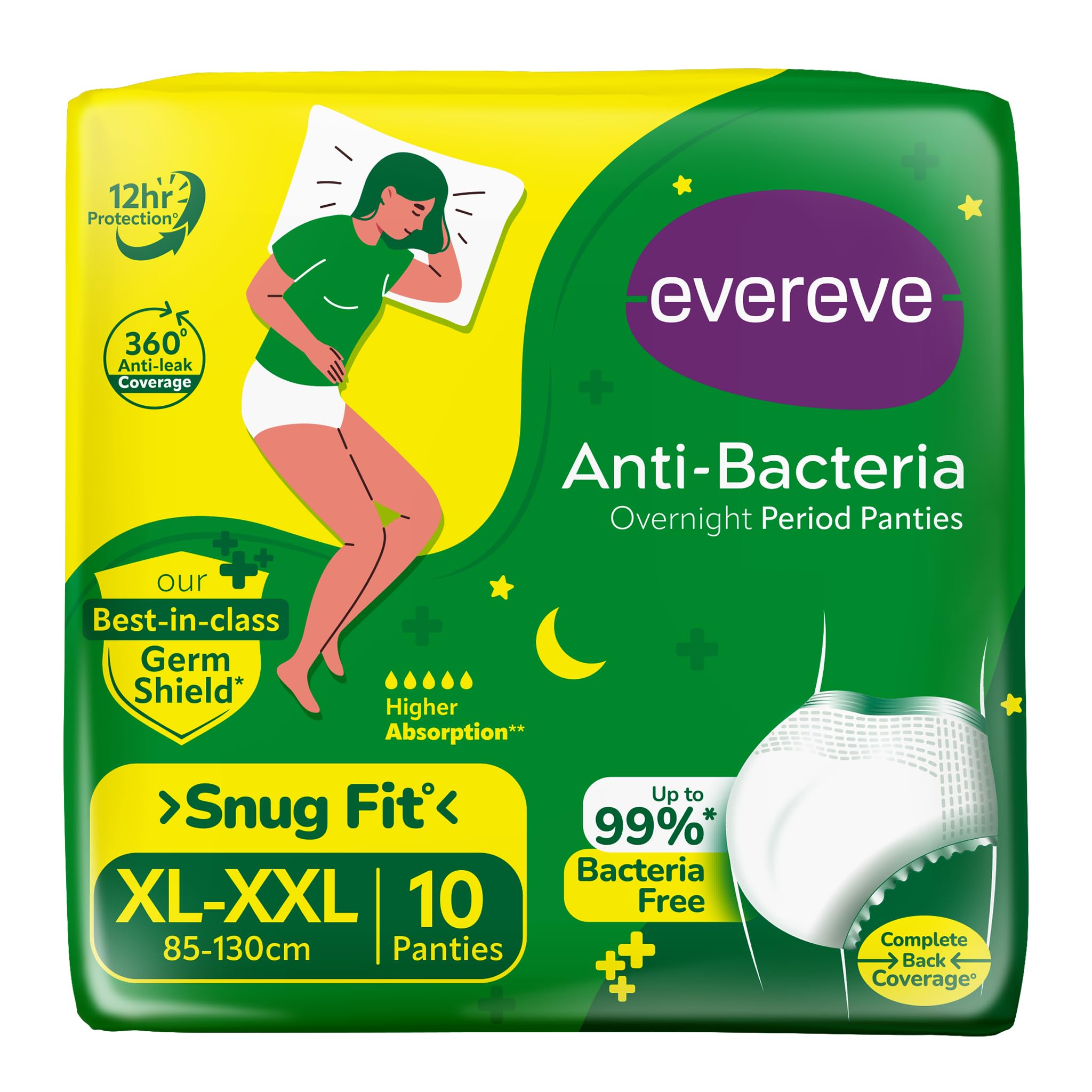 Evereve Anti Bacteria Period Panty For Girls & Women, (XlXxl), 10 Pcs, 360 Degree Overnight Coverage, 99.9% Bacteria Free, High
