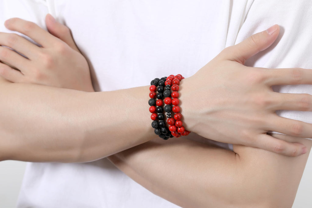 XIANNVXI Natural Stone Beads Bracelets for Men Red Black Beaded Bracelet for Men 4PC Mens Red Black 8mm Beaded Adjustable Stretc