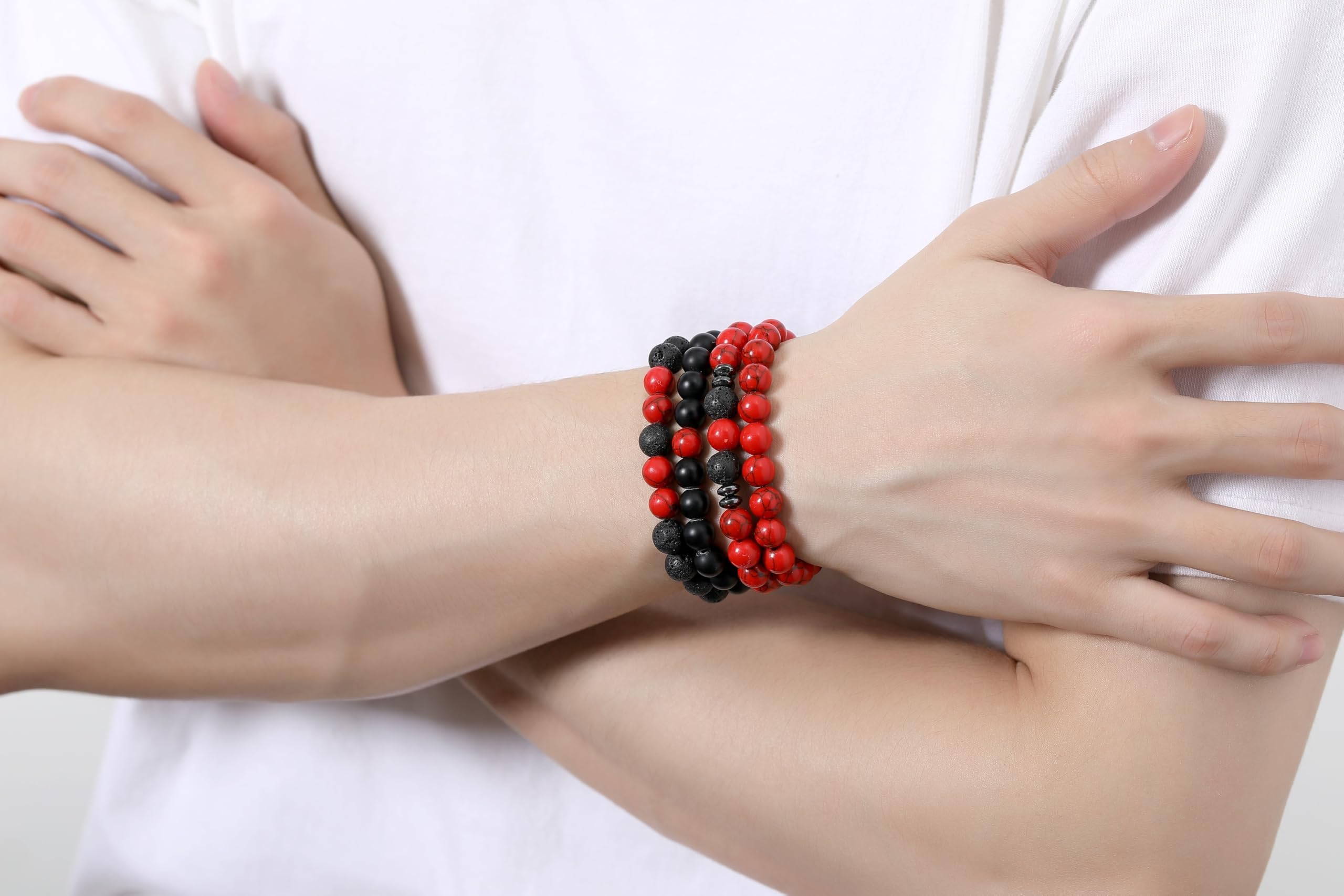 XIANNVXI Natural Stone Beads Bracelets for Men Red Black Beaded Bracelet for Men 4PC Mens Red Black 8mm Beaded Adjustable Stretc