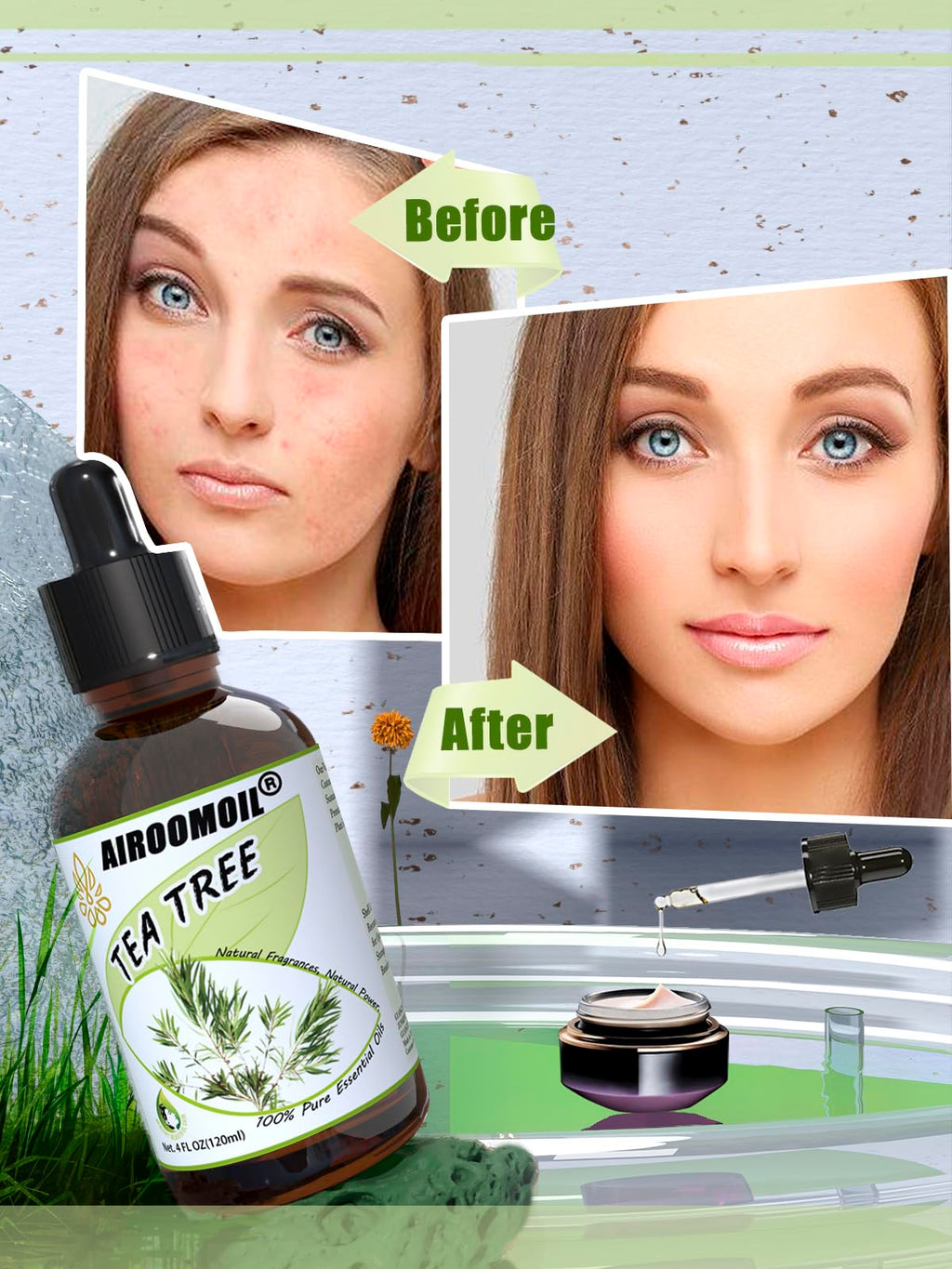 Airoomoil Tea Tree Essential Oil for Skin Muscle Hair Shampoo Body Wash Nails Aroma Natural Diffuser Oil 4 Fl Oz