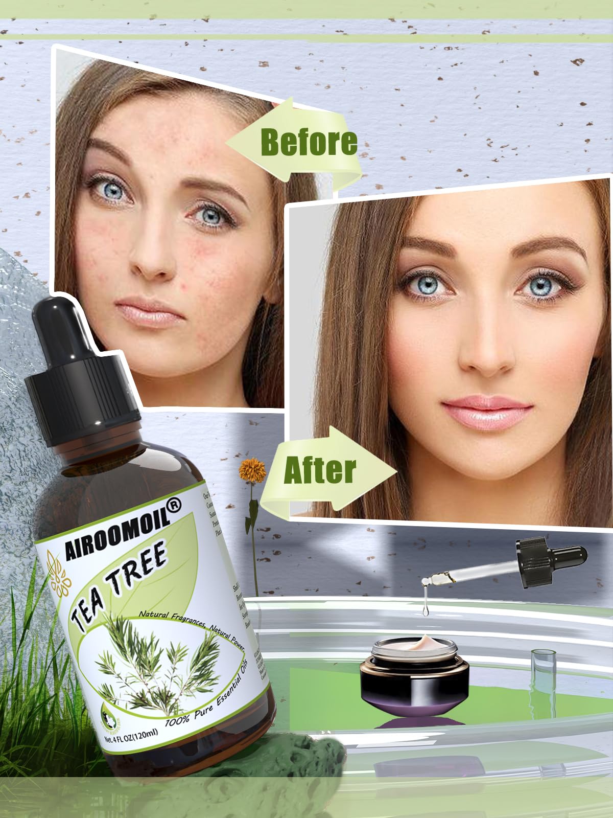 Airoomoil Tea Tree Essential Oil for Skin Muscle Hair Shampoo Body Wash Nails Aroma Natural Diffuser Oil 4 Fl Oz