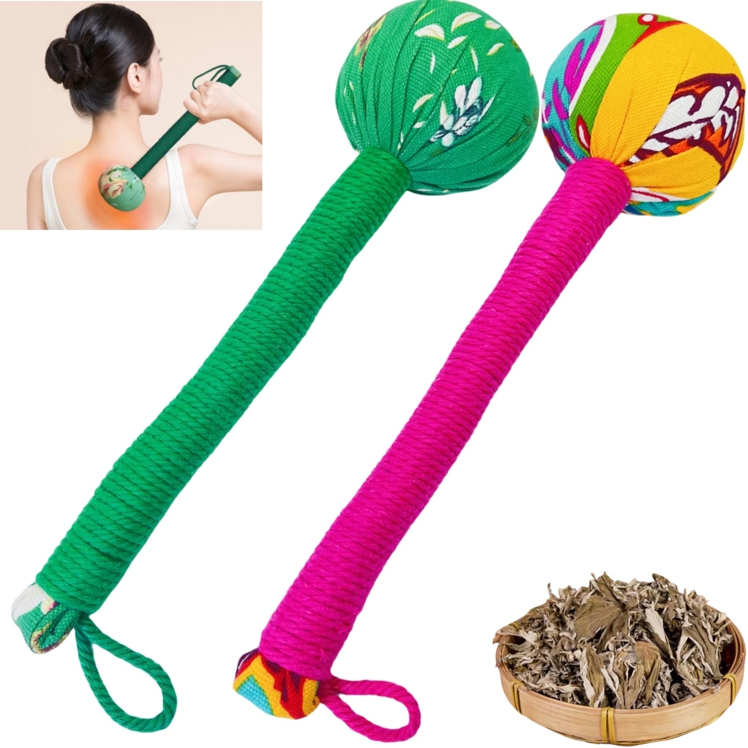 OnVisit 2PCS Long Size Lymphatic Drainage Manual Massage Hammer for Full Body, Back Massage Hammer Taichi,Wormwood Massage Hamme