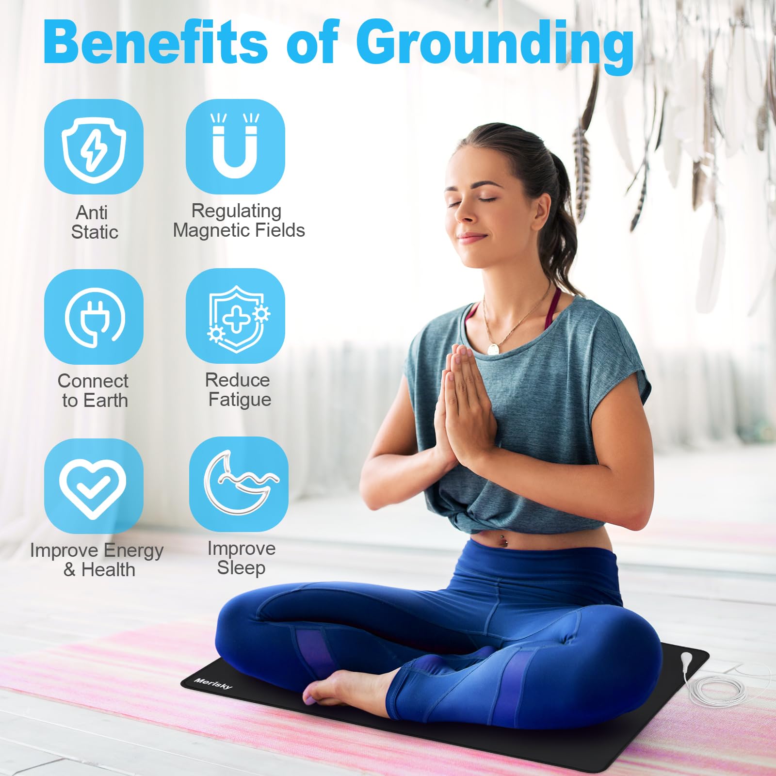 Merisky Grounding Mat, Grounding Pads for Feet Improved Sleep Energy Health, Upgraded Non-Slip Conductive Pad for Sleeping, Eart