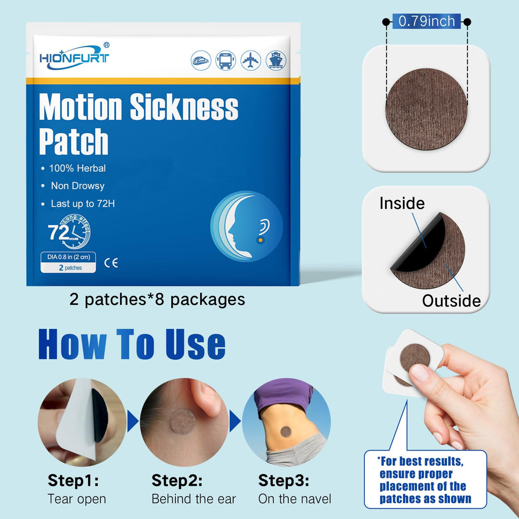 Hionfurt 32ct Motion Sickness Patches - Sea Sickness Patches for Cruise, Car, Airplane, and Other Travel - Non-Drowsy, Effective