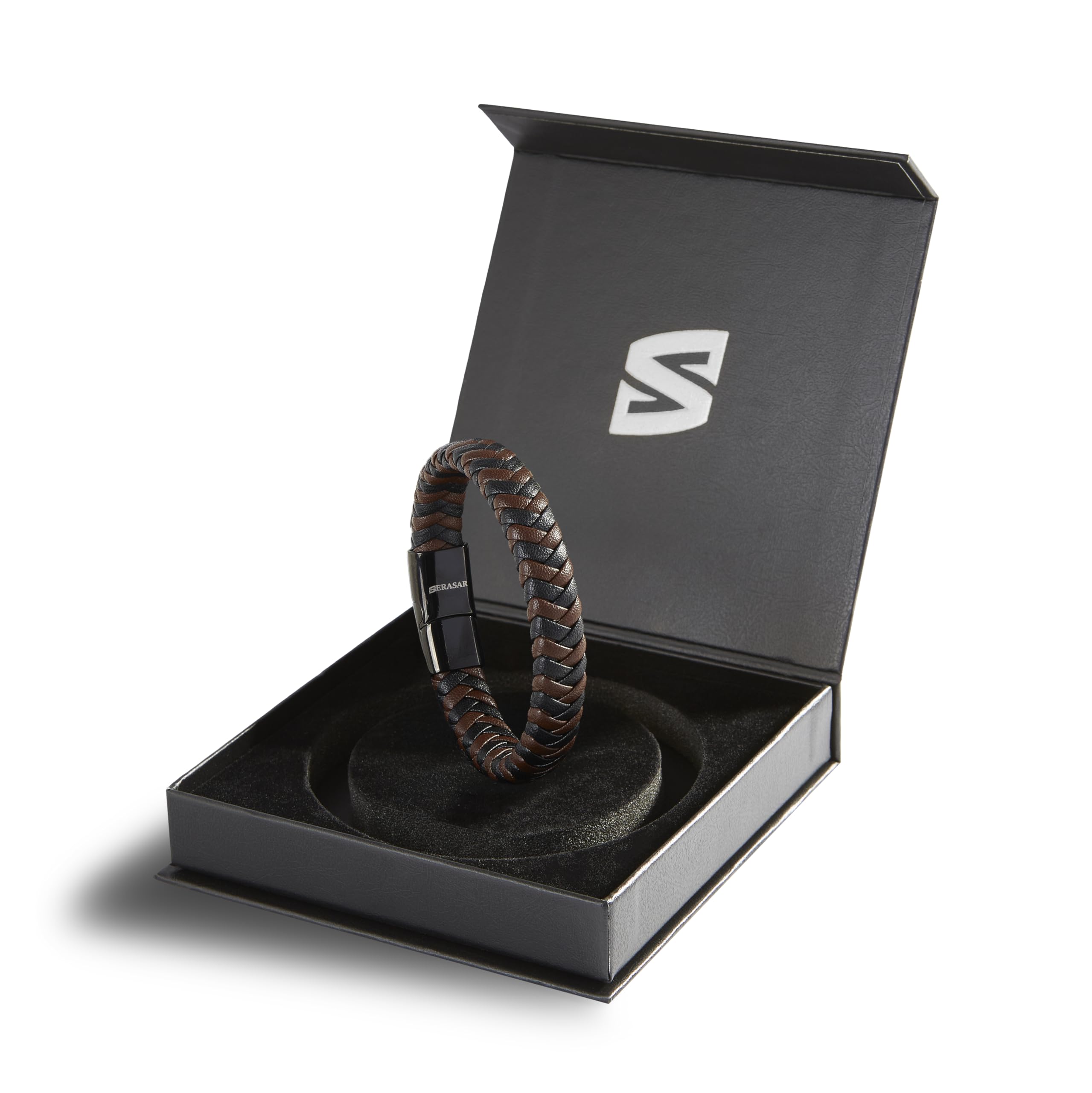 SERASAR Mens Leather Bracelet 17cm Silver Presents Men Gift Box Cowhide Braided Magnetic Clasp Multi Layer Wrap Rope Mans Male B
