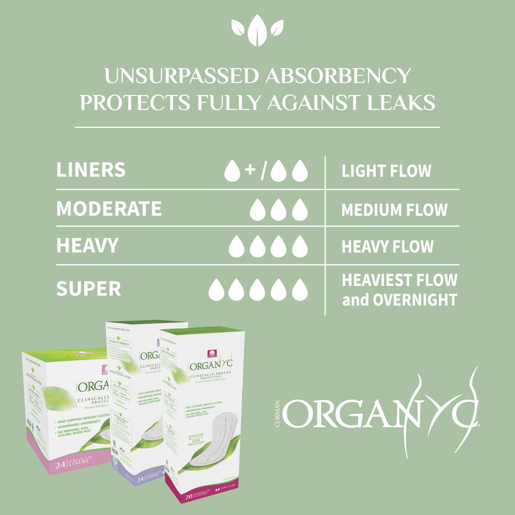 Organyc 100% Certified Organic Cotton Everyday Panty Liner - Flat, Light Flow, Light Plus, 24 Count (Pack of 6)