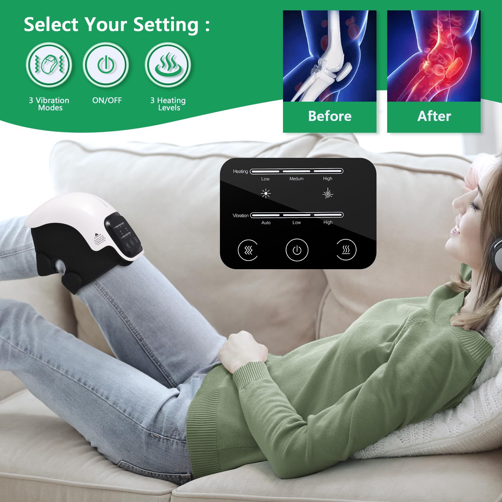 Sinoteryx Knee Massager,Cordless Knee Massager with Heat,Relax Knee Massage Helps Joint Stiff and Discomfort,3 Levels Heat & Vib