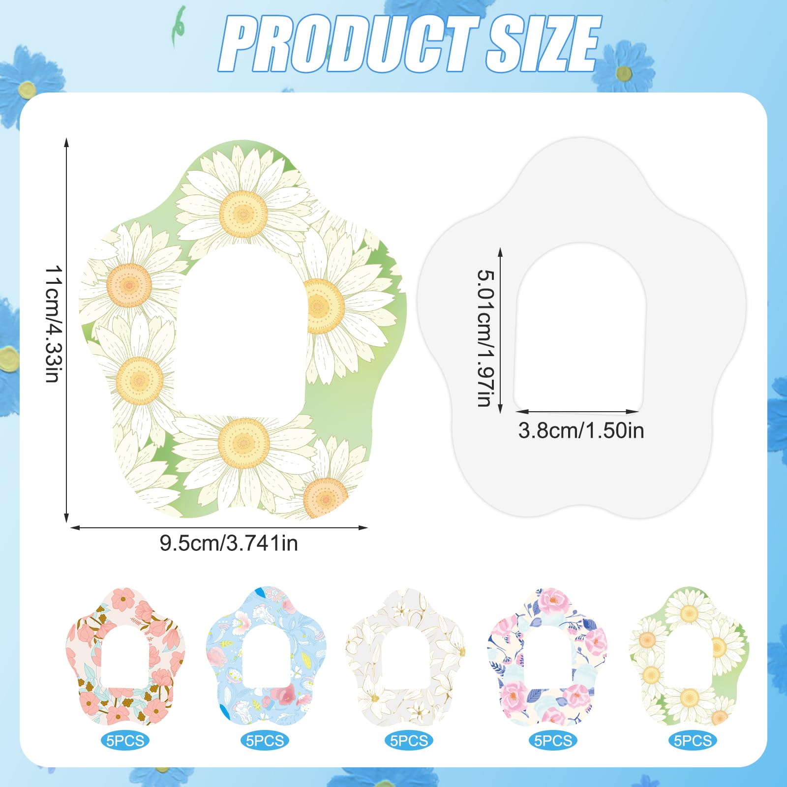 25pcs Adhesive Patches for Omnipod 5, 5 Styles Flower Shape Prints CGM Cover, Breathable Waterproof Skin Grip Insulin Monitor Ov