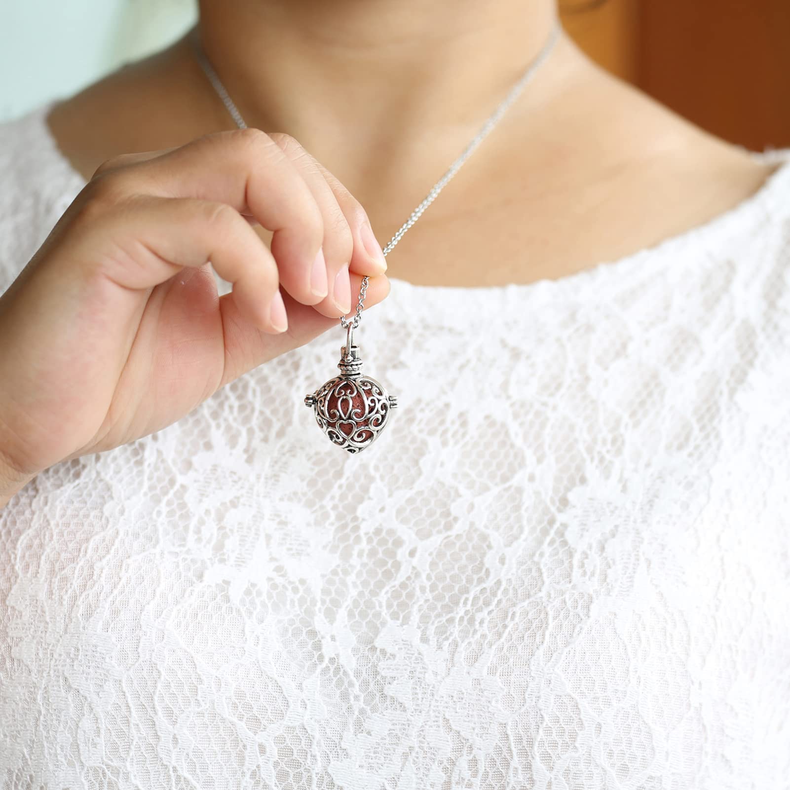 HEDQFM 2PCS Aromatherapy Essential Oil Diffuser Necklace Love Heart and Hollow Ball Locket Pendant Necklace with Lava Bead Stone