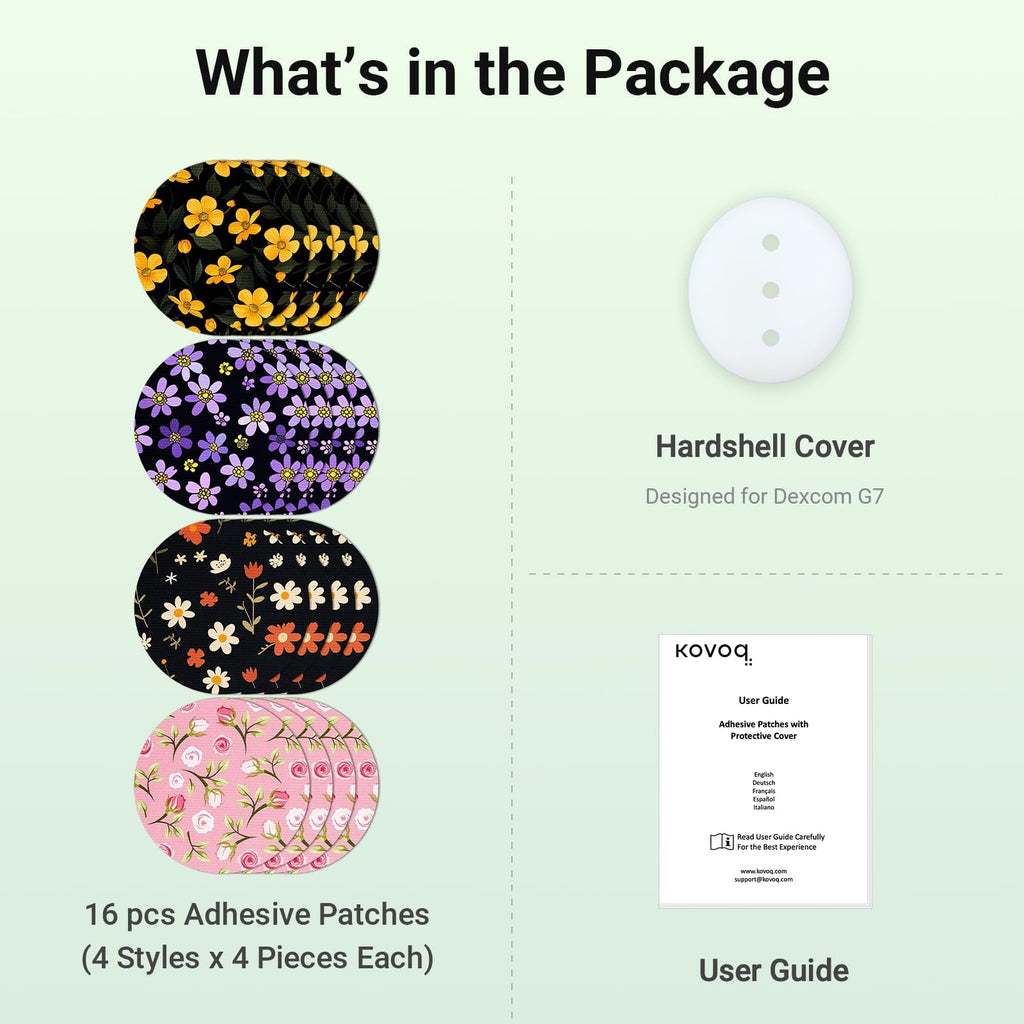 Kovoq - Dexcom G7 Over Patches, 16 Printed Waterproof Dexcom Stelo & G7 Over Patches, 1 Hardshell Cover for Enhanced Safeguard,