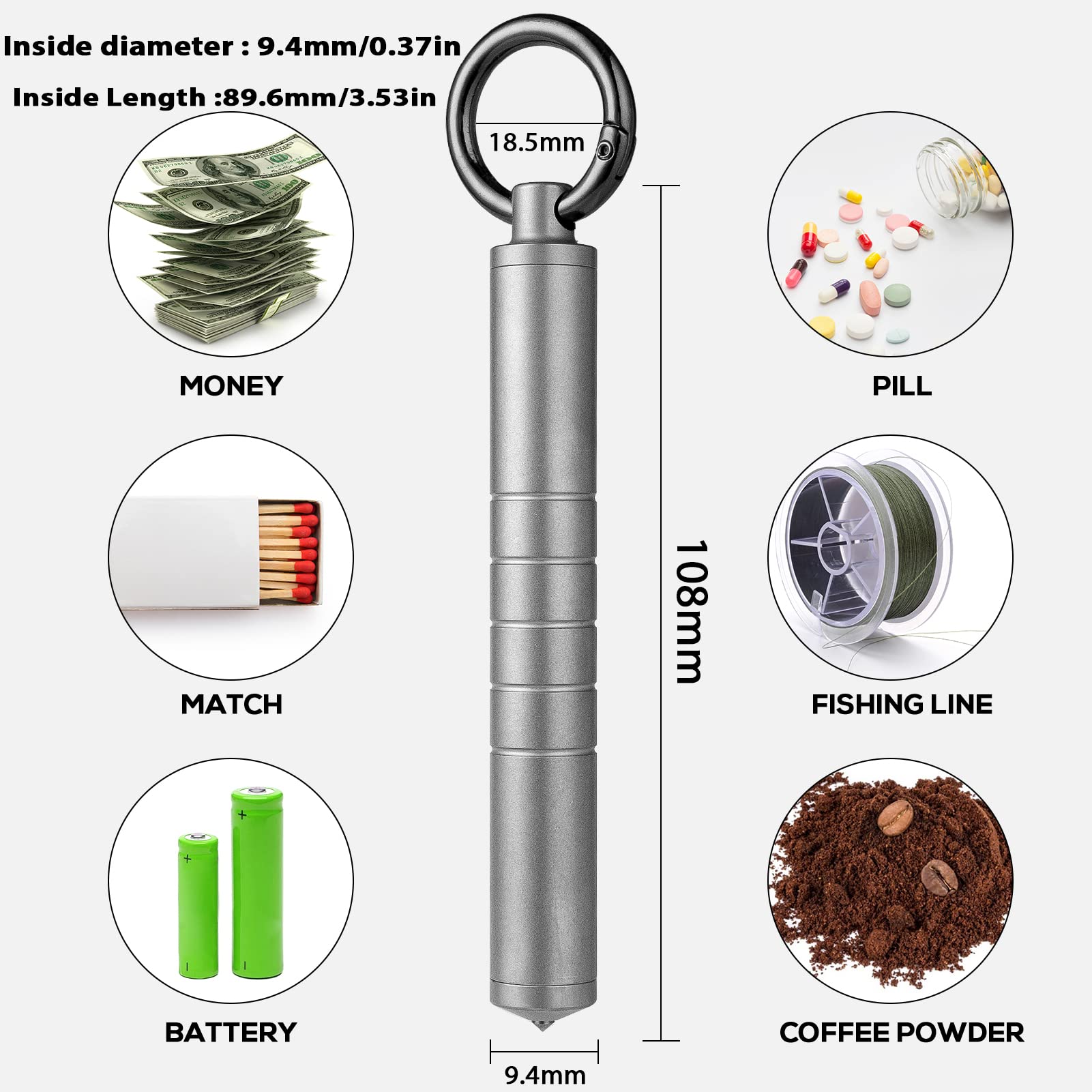 TISUR Small Travel Pill Box,Titanium Keychain Pill Holder Pill Case,Vitamin Organizer Metal Storage Pill Bottle Tube Container M