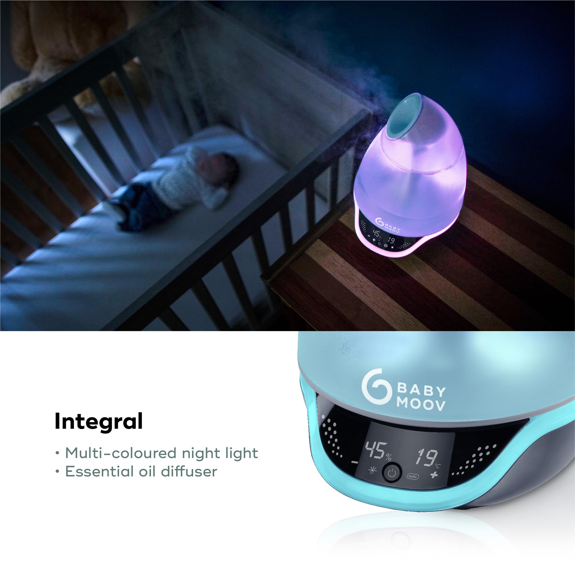 Babymoov Hygro Plus Cool Mist Humidifier 3-in-1 Humidity Control, Multicolored Night Light & Essential Oil Diffuser Easy Use and