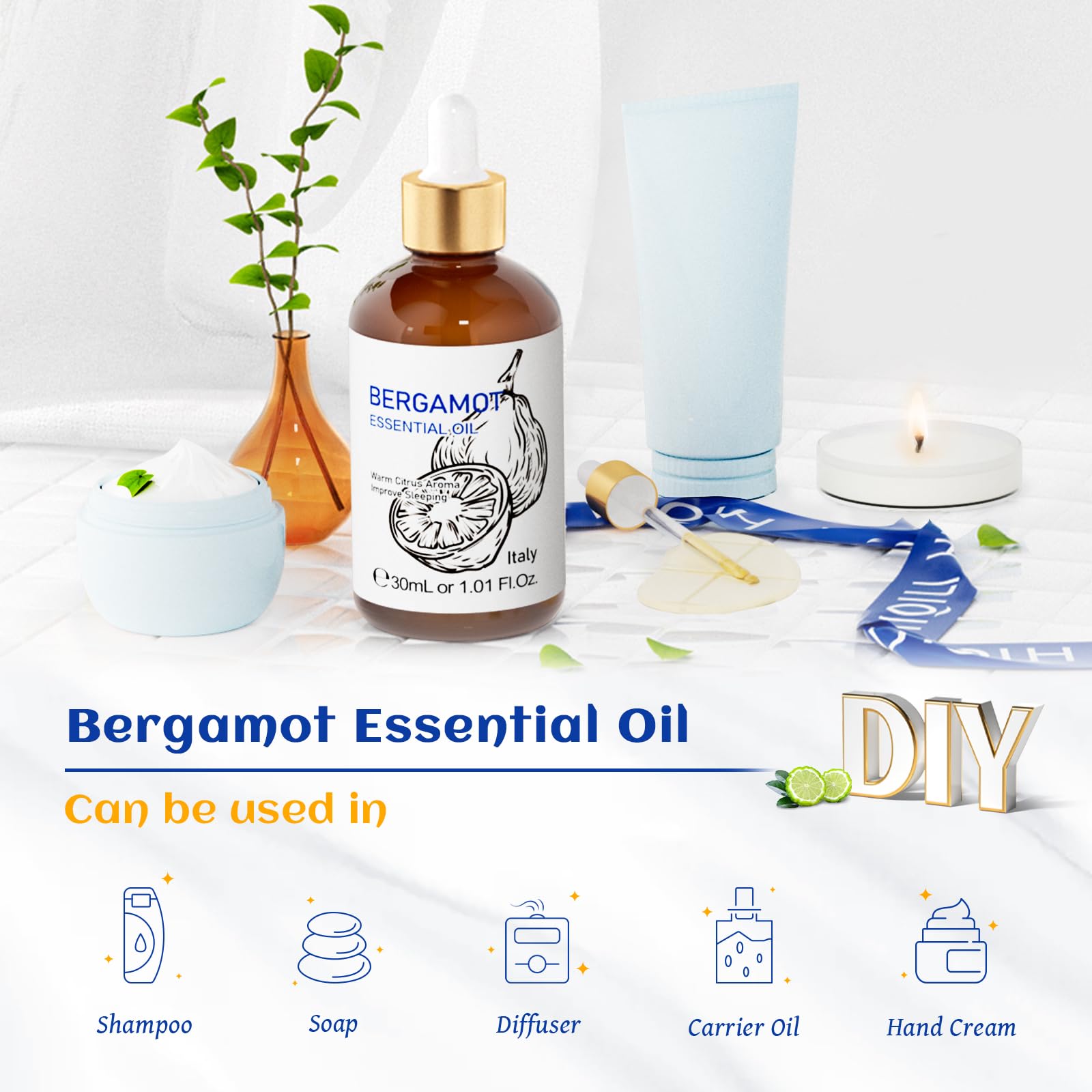 HIQILI Bergamot Essential Oil for Skin, Diffuser & Deodorize, 100% Pure and Natural - 1.01 Fl Oz