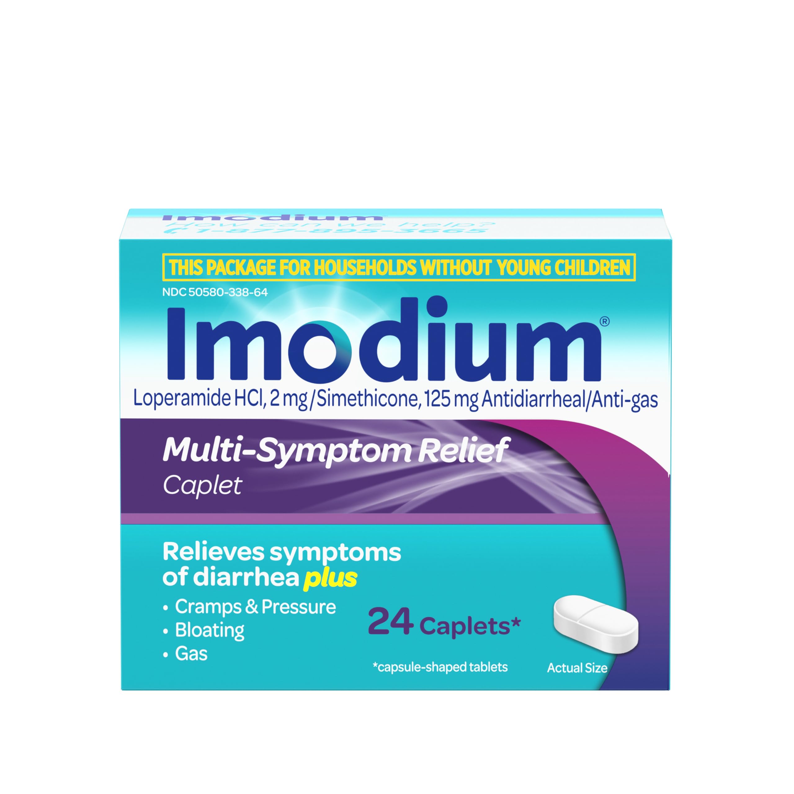 Imodium Multi-Symptom Relief Caplets with Loperamide Hydrochloride & Simethicone, Anti-Diarrheal Medicine for Treatment of Diarr
