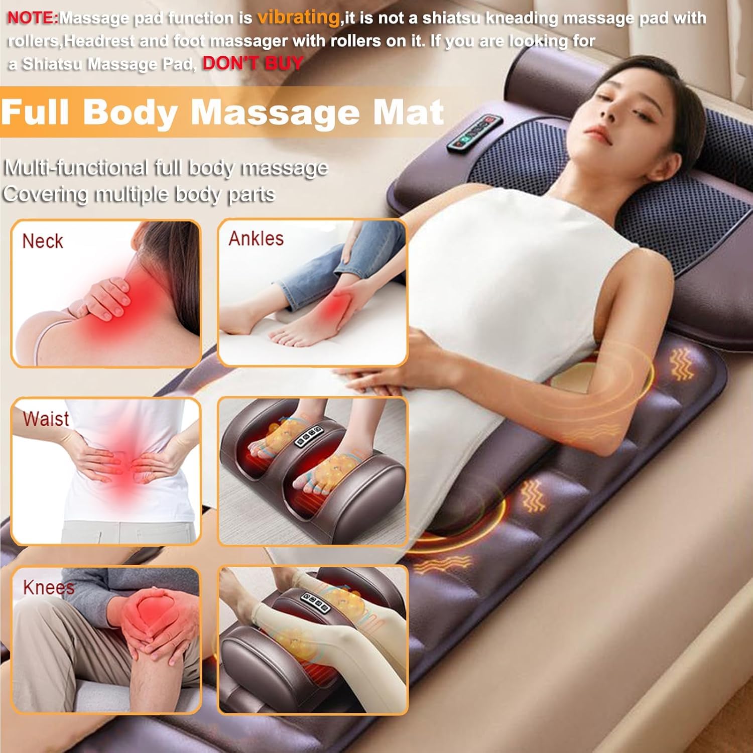 Beloving Full Body Massage Mat with Heat and Vibration, 10-Node Back Massager with Foot Roller & Neck Pillow, Multi-Zone Heating