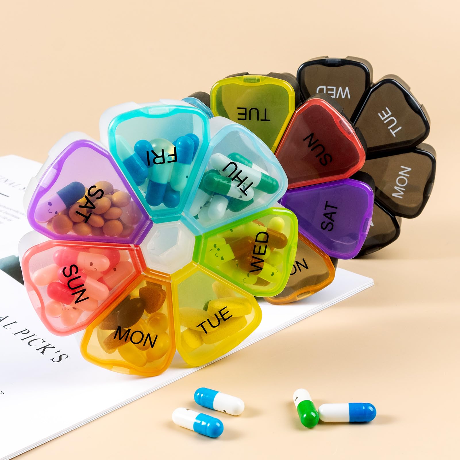 7 Day Pill Case for Medication, Vitamins, Fish Oils, Supplements, Travel Pill Box (Black)