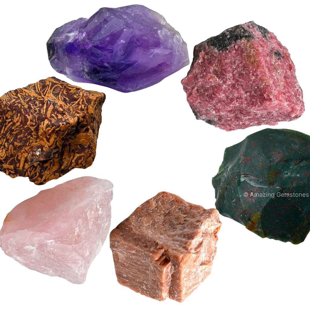 Crystals for Pleasant Period Menstrual Cycle Menses, Set of 6 Blood Stone, Rose Quartz, Peach Moonstone, Mariyam Jasper and Rhod