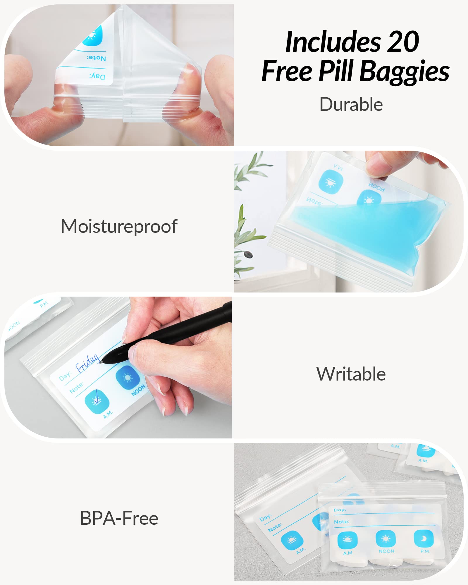 ZIKEE Slim Folding Pill Organizer Bag with 20 Writable BPA-Free Pill Pouches, Travel 22 Slot Pill Box Bag with a Zipper Design f