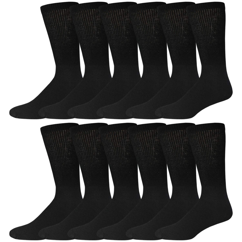 12 Pairs of Cotton Diabetic Neuropathy Crew Socks (10-13, Fits Mens Shoe Size 9-12, Black)
