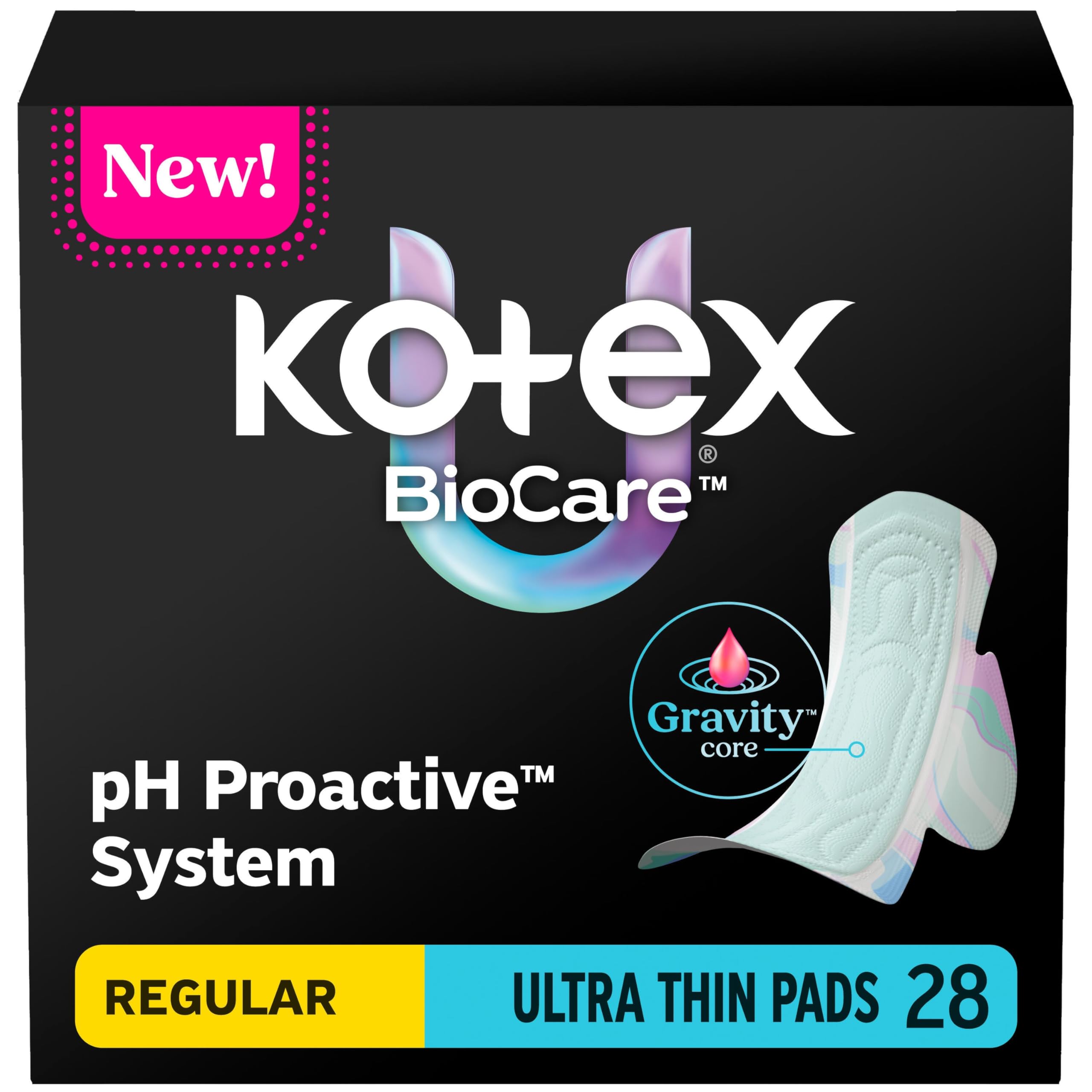 Kotex BioCare Ultra Thin Pads with Wings, Regular Absorbency, 28 Count (Packaging May Vary)