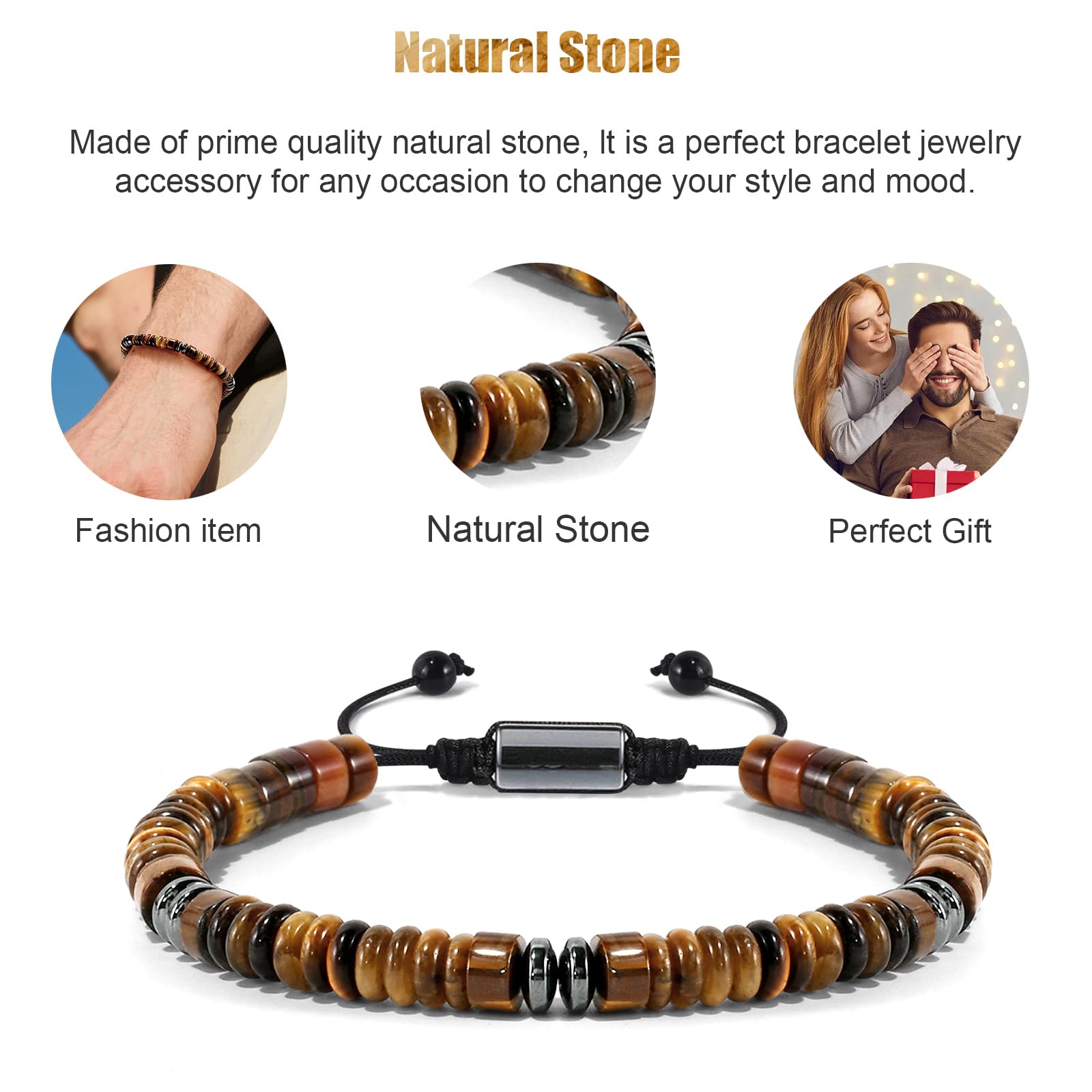 VIBILIA Healing Crystal Bracelets Beaded Bracelets for Men Women Tiger Eye Natural Stone Adjustable Bracelets Unique Gifts for F
