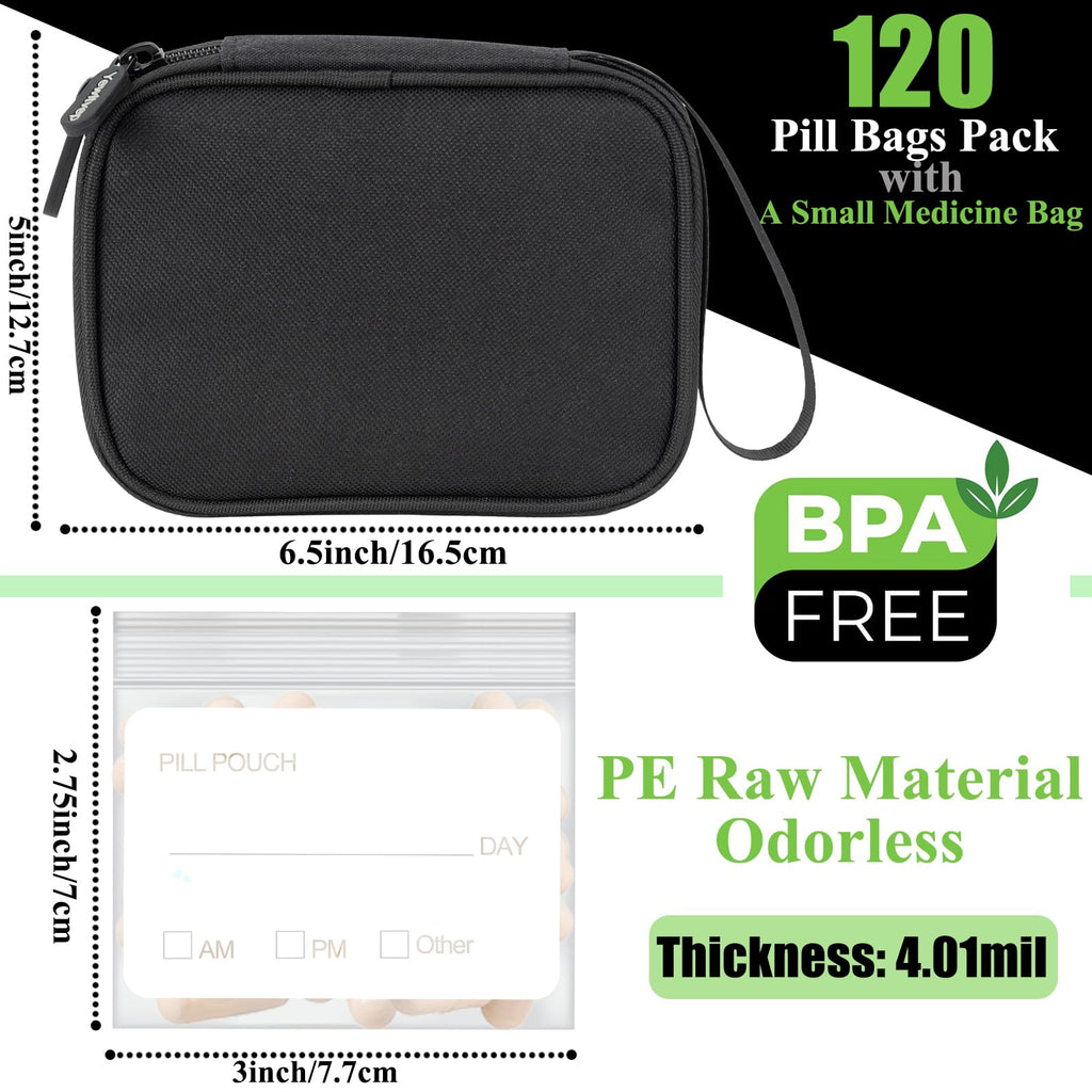 Pill Pouch Bags for Travel with Medicine Bag, Pack of 120 BPA Free 3 x 2.75 inch Reusable Pill Bag for Medicine with Write on La