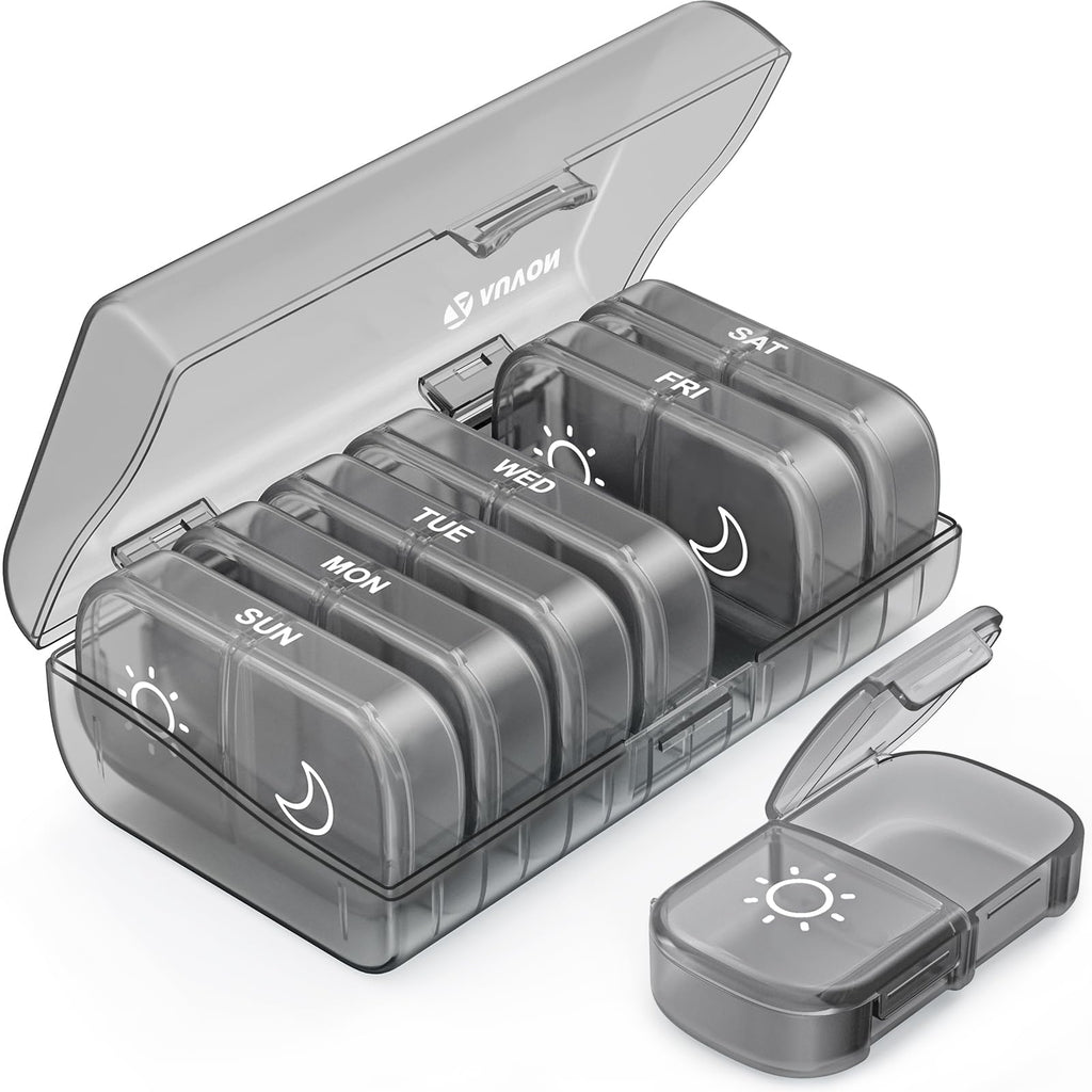 AUVON XL Weekly Pill Organizer 2 Times a Day, Pill Box 7 Day with One-Side Large Openings for Easy to Use, Gray AM PM Pill Case 
