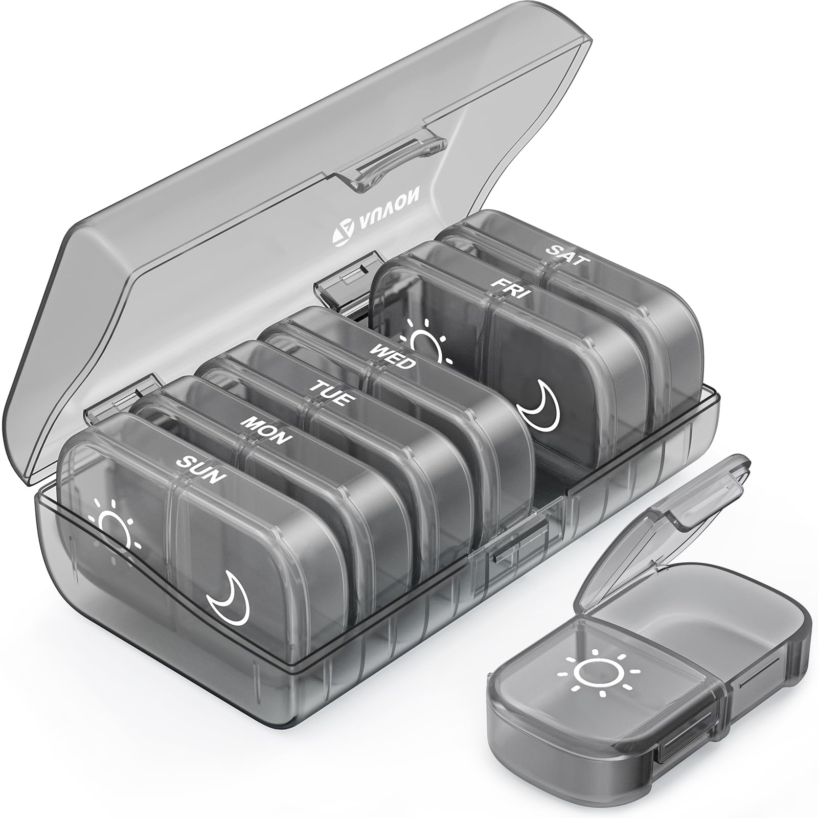 AUVON XL Weekly Pill Organizer 2 Times a Day, Pill Box 7 Day with One-Side Large Openings for Easy to Use, Gray AM PM Pill Case 