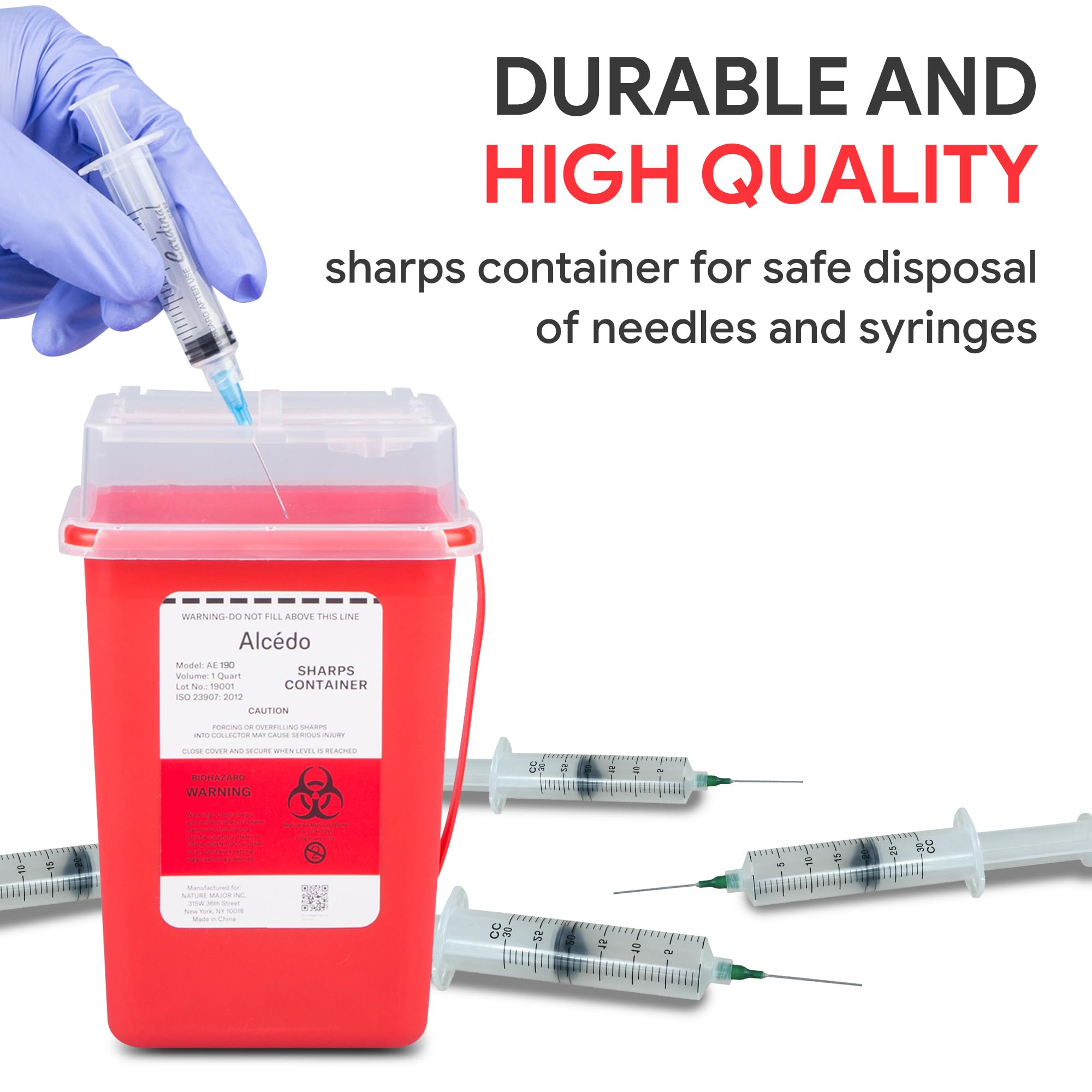 Alcedo Sharps Container for Home Use 1 Quart (1-Pack), Biohazard Needle and Syringe Disposal, Small Portable Container for Trave