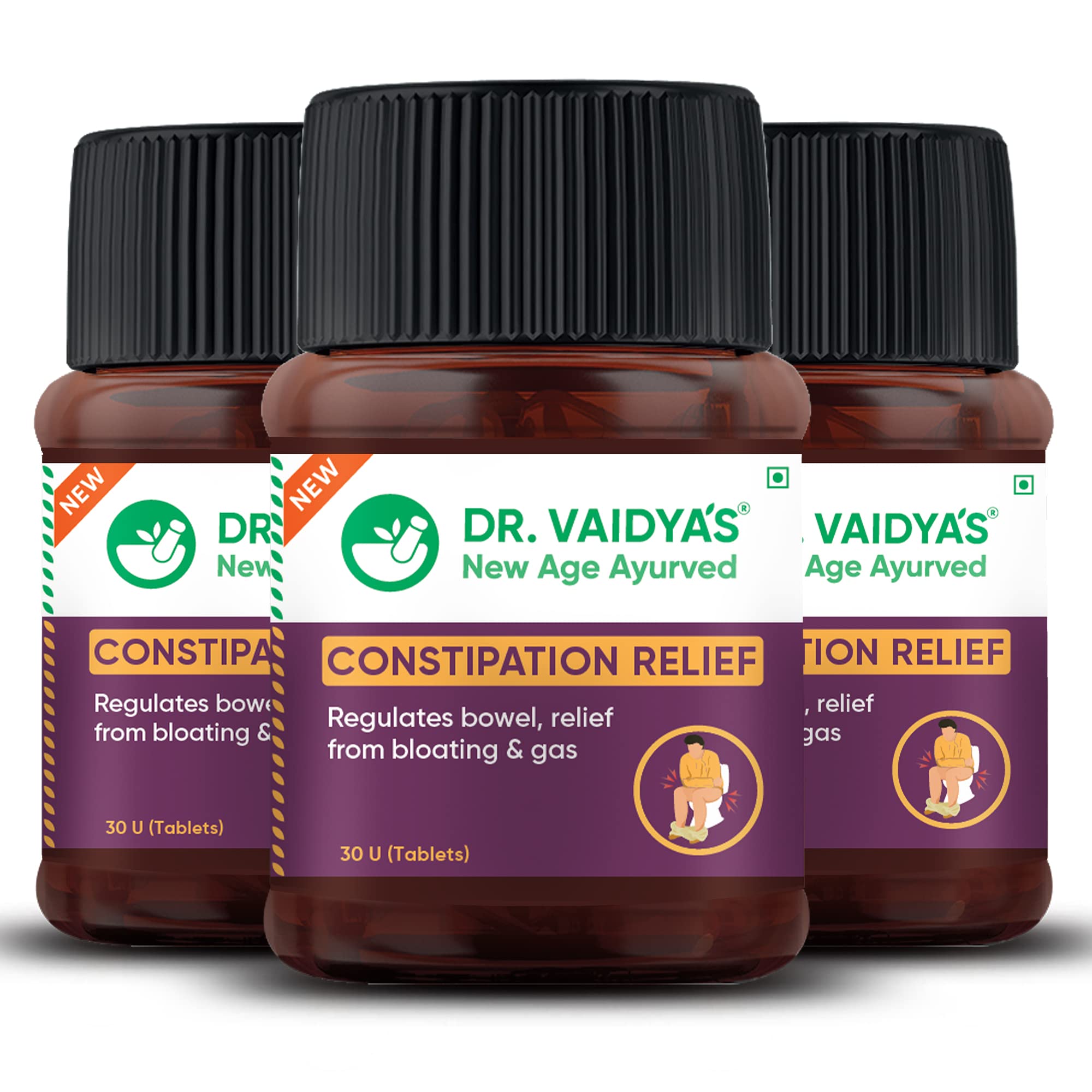 Dr. VaidyaS Constipation Relief Tablets | Ayurvedic| Relievs Gas & Bloating | Regulate Bowel Movements | (30 Tablets Each) Pack