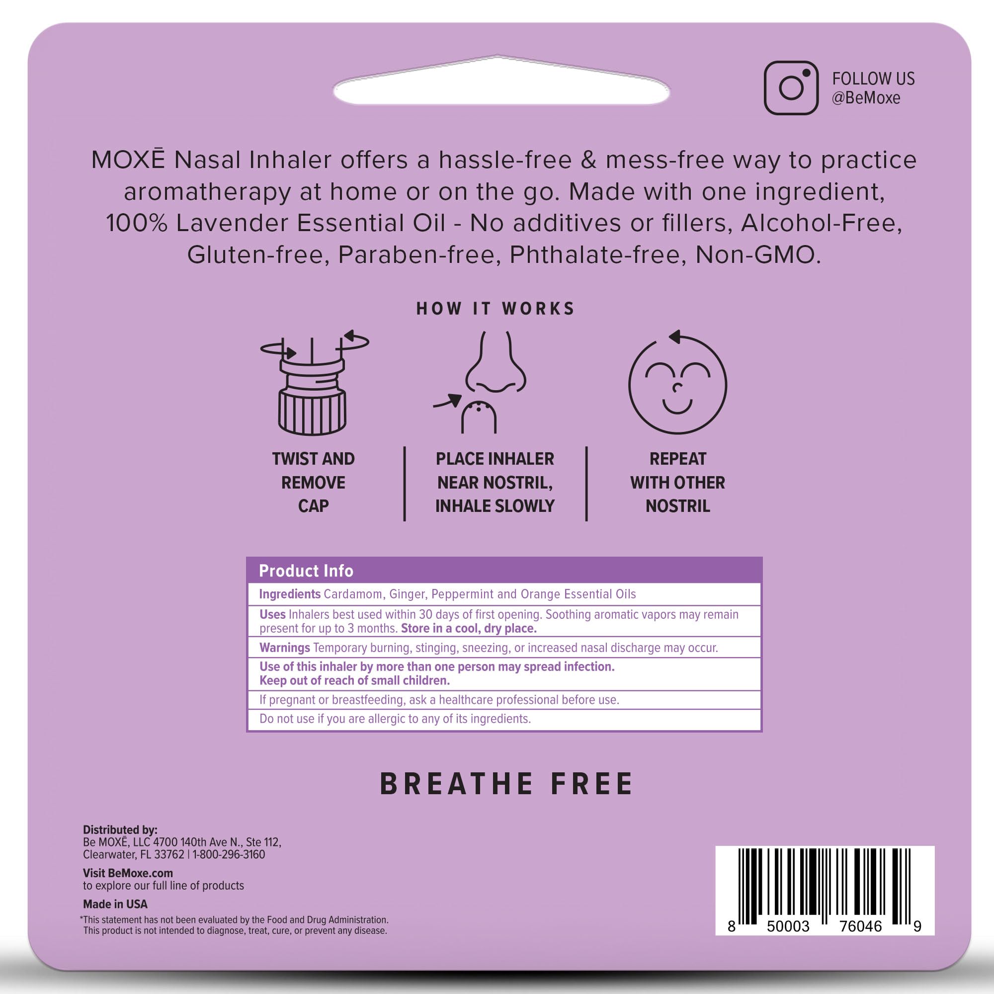 MOXE Lavender Essential Oil Nasal Inhaler, Therapeutic No-Mess Aromatherapy, Relaxation, Naturally Calming, Before Sleep Routine