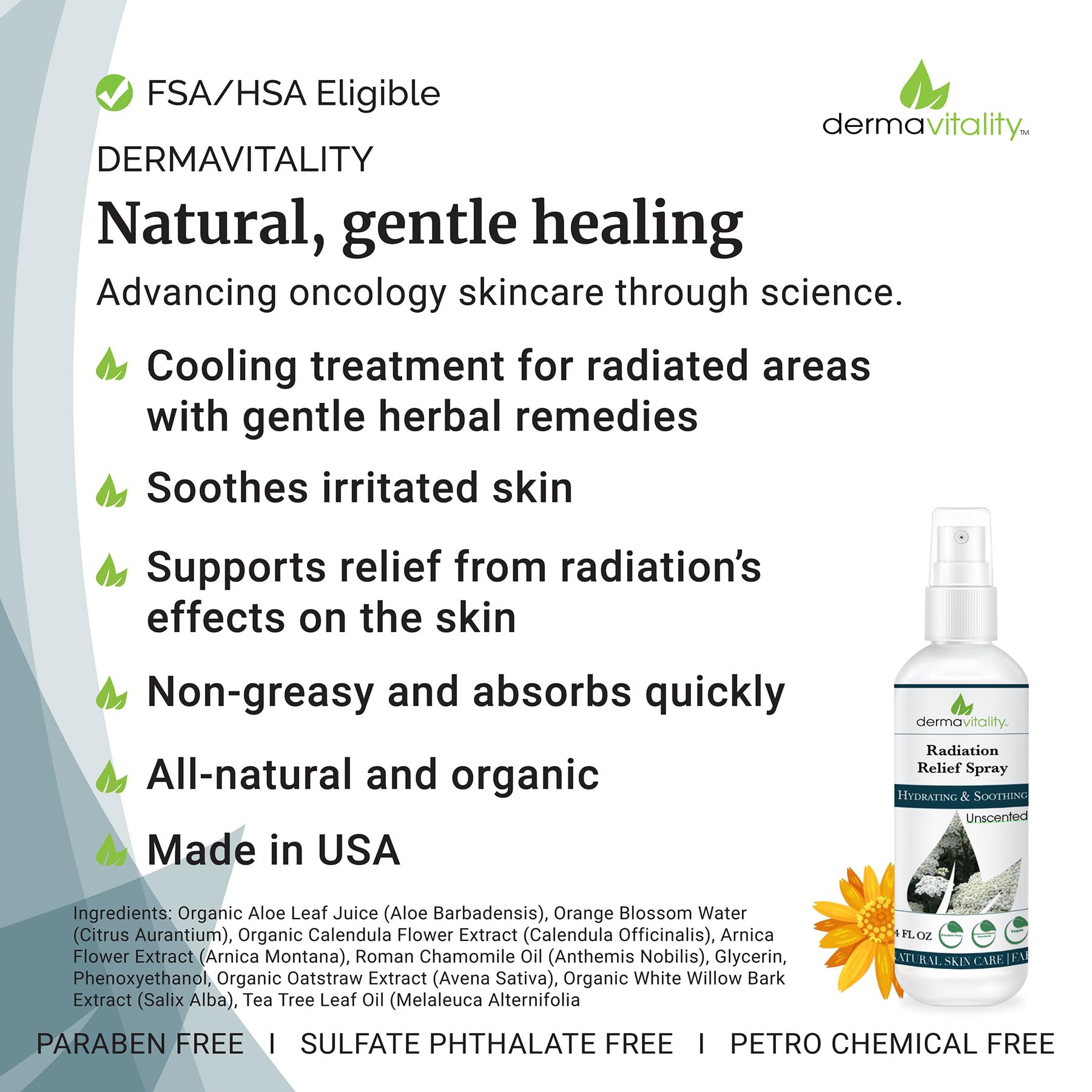 Radiation Burn Relief Spray - Calendula Spray for Radiation Treatment, Unscented, Fragrance Free, Natural Organic Plant Based Mo