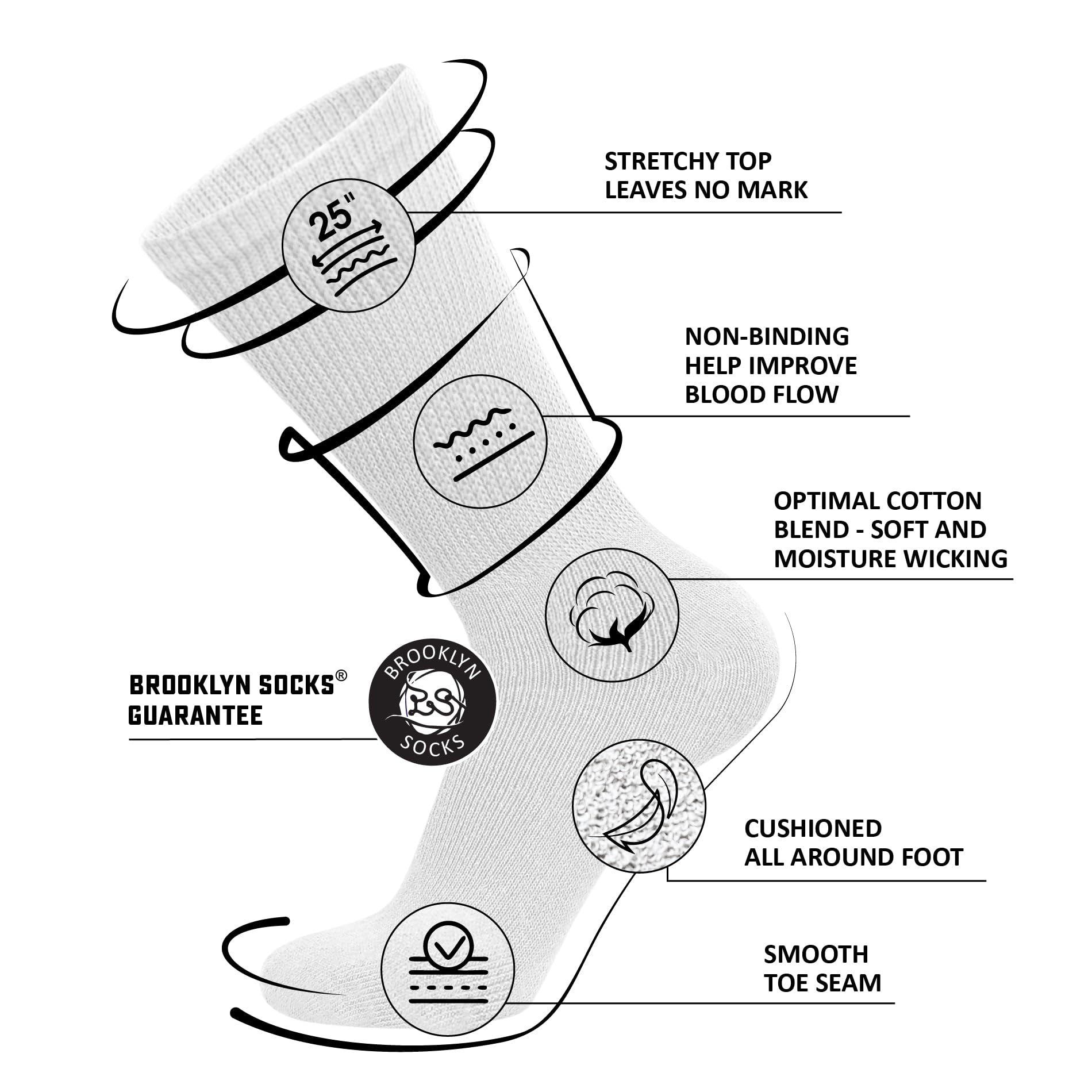 6 Pairs of Cotton Diabetic Non-Binding Neuropathy Crew Socks (Black, Gray, White, Fits Mens Shoe Size 12-14.5)