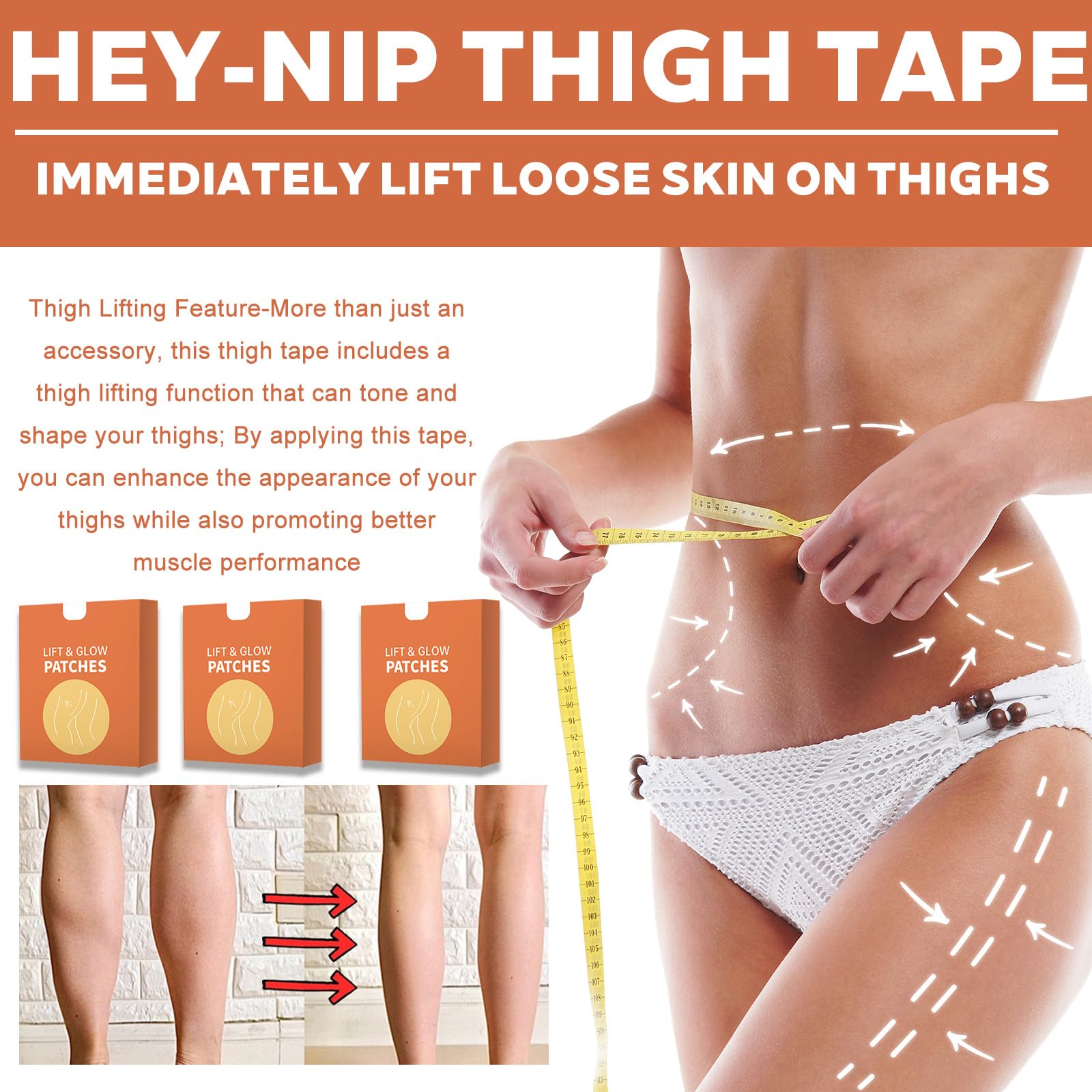 12 Pcs Hey-Nip Thigh Lifting Tape, Large Lift and Glow Patches Legs for Sagging Skin, Invisible Waterproof Adhesive Body Tape, T