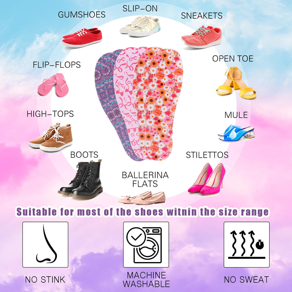 Velmitten 3 Pairs No Show Socks Sockless Shoe Liner Washable Barefoot Shoe Insoles No Slipping Inserts(Fresh Style)