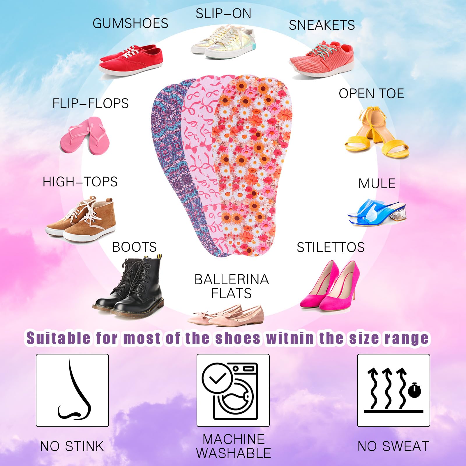 Velmitten 3 Pairs No Show Socks Sockless Shoe Liner Washable Barefoot Shoe Insoles No Slipping Inserts(Fresh Style)
